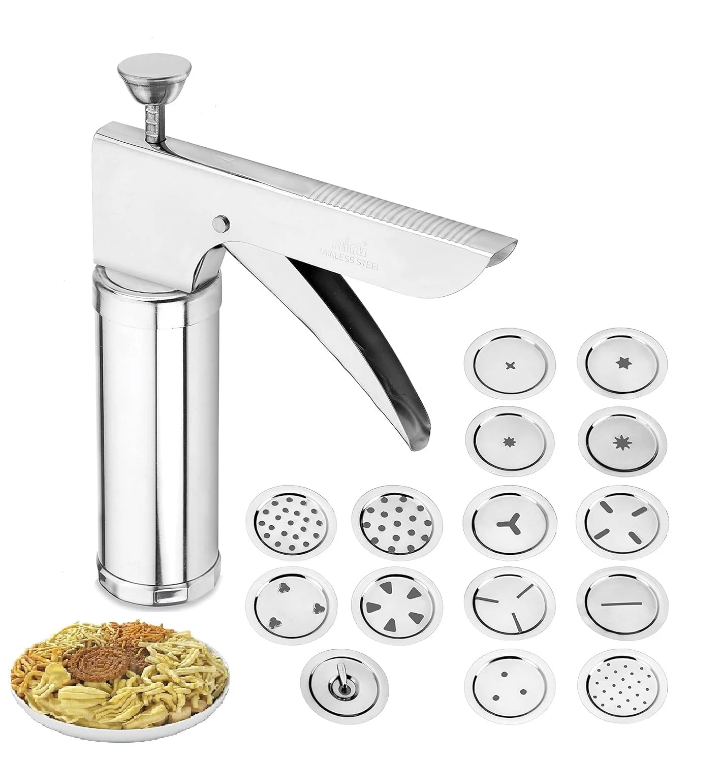 Ritu Stainless Steel Kitchen Press with Different Types of Jalies, Murukku Maker/Bhujiya Maker/Noodles/Cookies/Namkeen/Chakali Maker/Sev Maker/Farsan Maker/Gathiya Maker - image 2