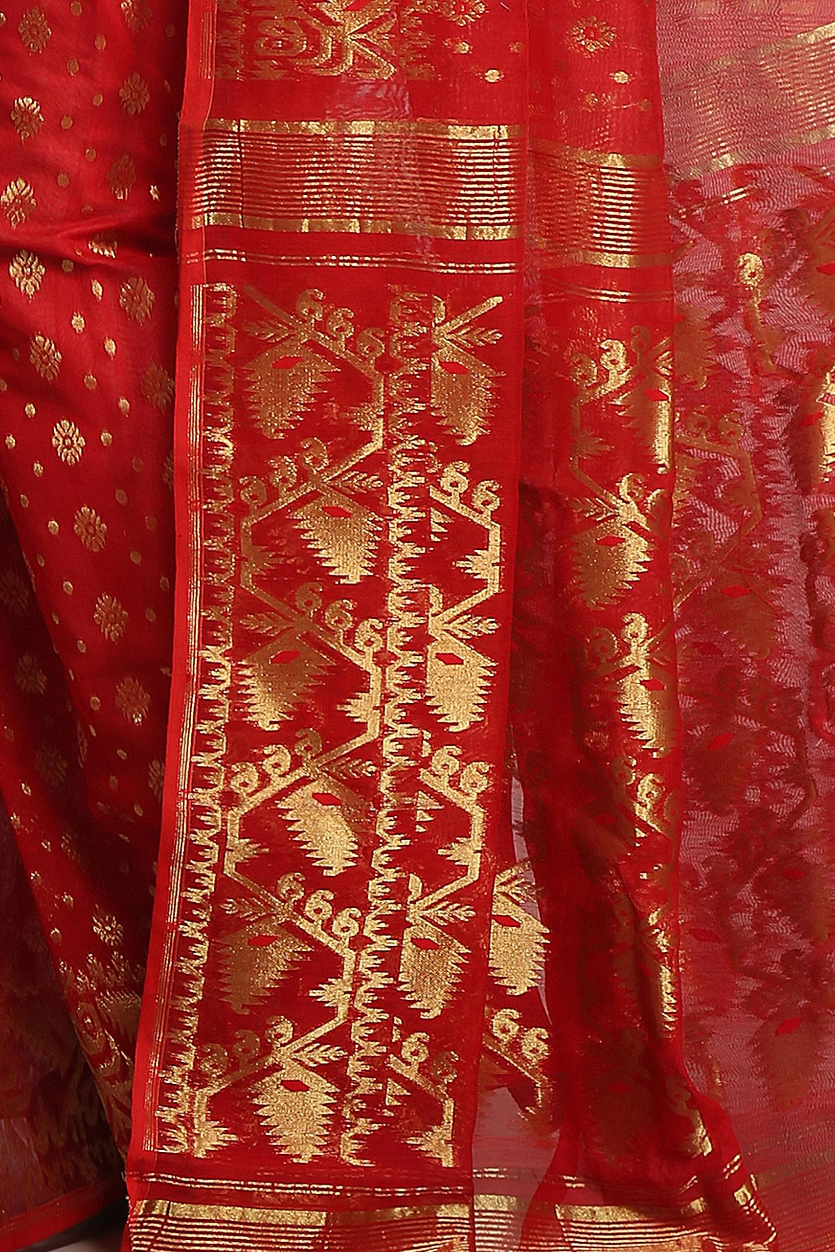 WoodenTant women’s cotton silk golden zari dhakai jamdani saree without blouse piece_(Red) - image 5