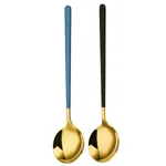 Primetan 304 Stainless Steel Golden Spoons Cutlery Set Cooking Tools Set for Soup Round Colorful Dinner Spoons Long Handle Table Spoon (Set of 2)