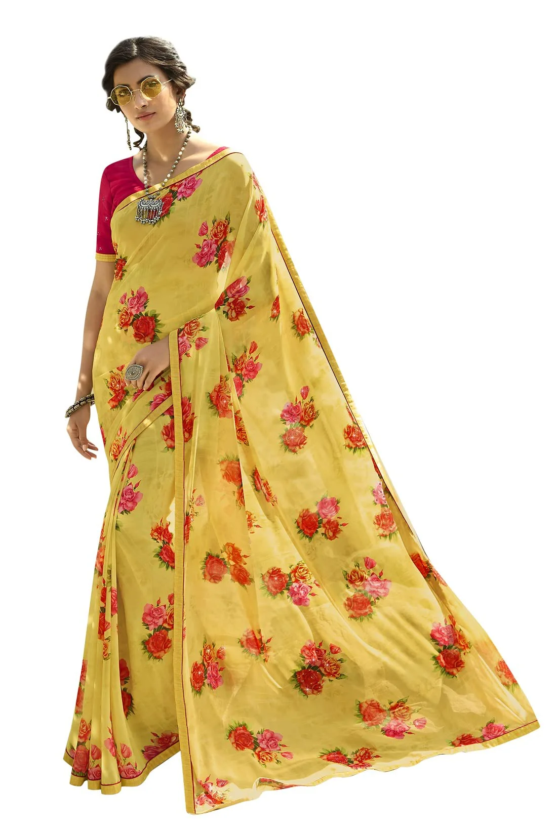 ROOP SUNDARI SAREES Women's Floral Printed Georgette Stylish Saree For Women With Lace Work Blouse(A48 Yellow_Multicolored_Free Size 6.30 Mtr)