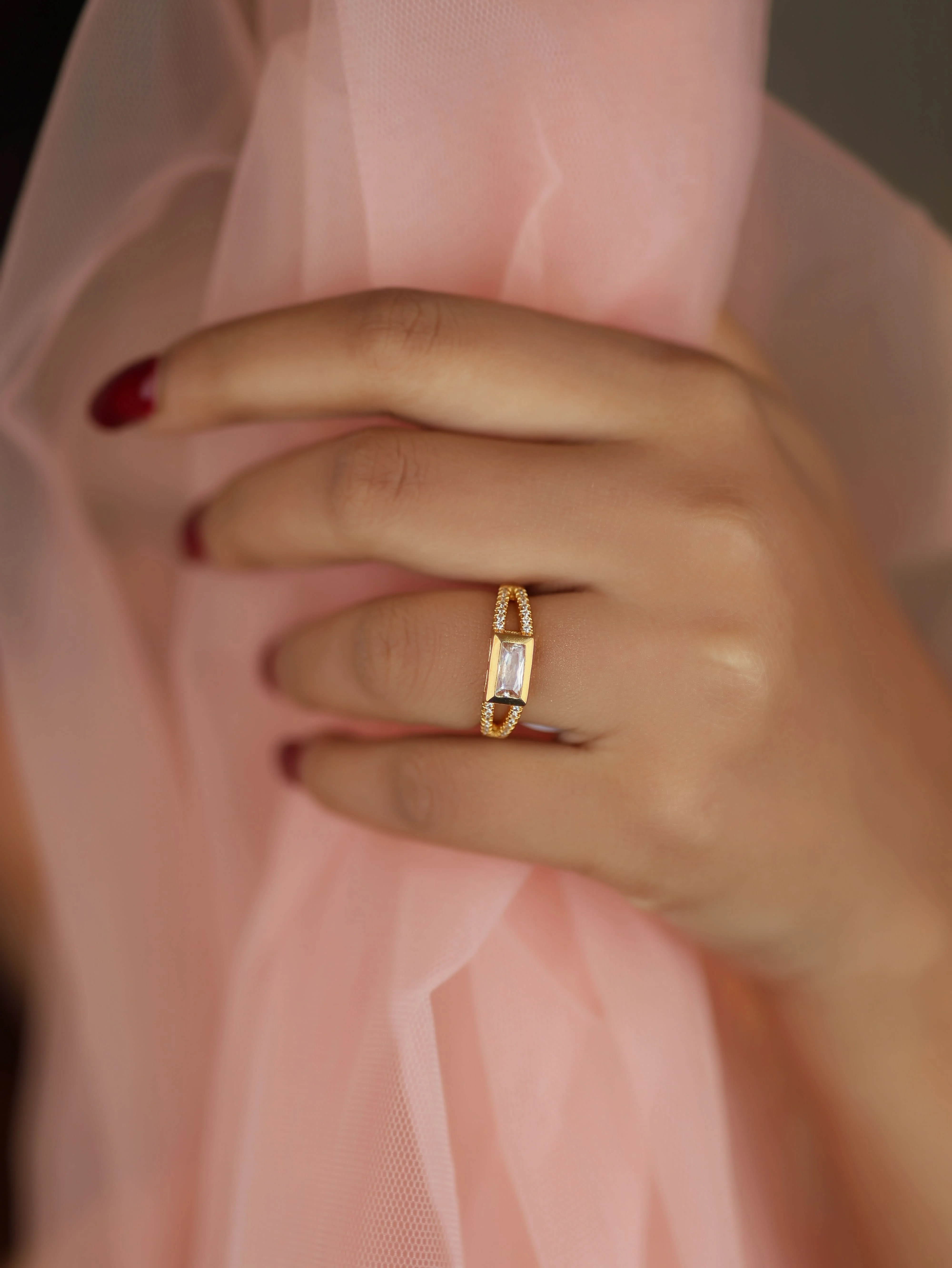 American Diamond high gold rectangle shape delicate fancy ring.