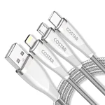 COSTAR 3 in 1 Multi Fast Charging Cable - 3A Nylon Braided Cable with iPhone, iPad, Samsung Galaxy, OnePlus, Mi, Oppo, Vivo, iQOO, Xiaomi, Car, Lightning, Micro USB, Type C Devices (1.3M Silver)