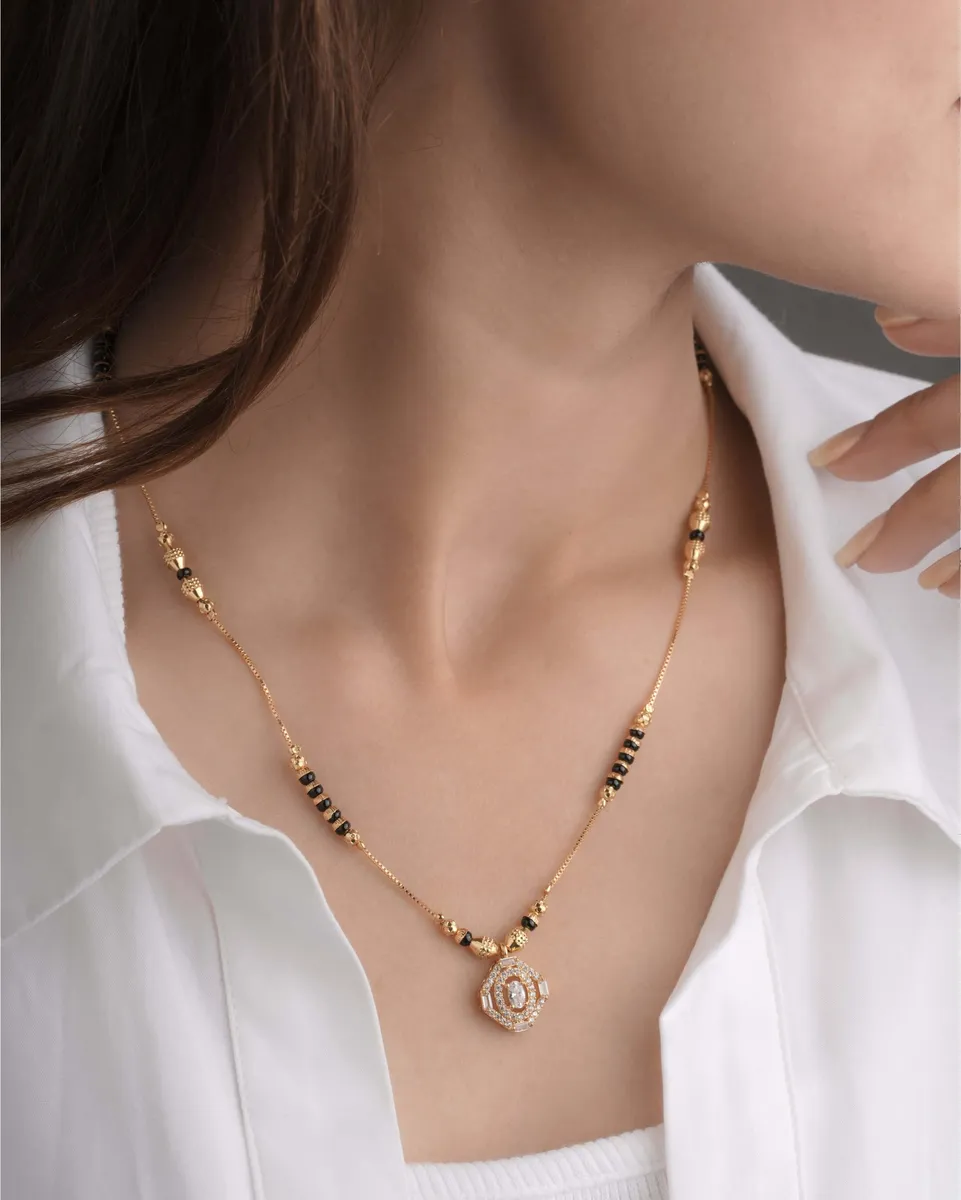 Buy 1 Get 1 Free - Hexagon Crystal Mangalsutra with Solitaire Center