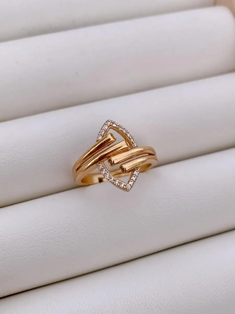 Elegant Dual Band Crystal Heart Gold-Plated Adjustable Ring