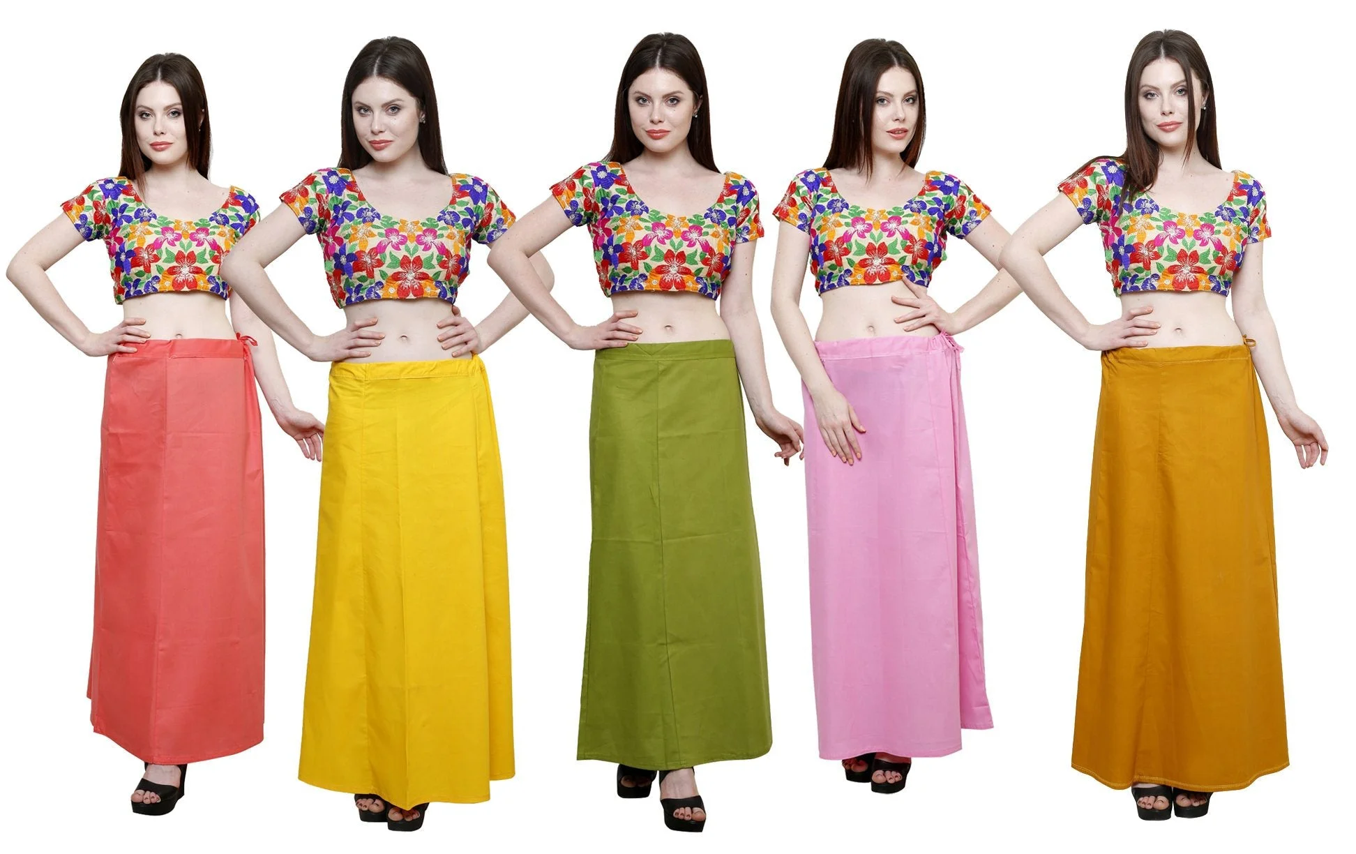 Pistaa's Women's Cotton Saree Petticoat (Peach, Yellow, Mehendi Green, Pastle Pink and Mustard, Free Size) - Pack of 5