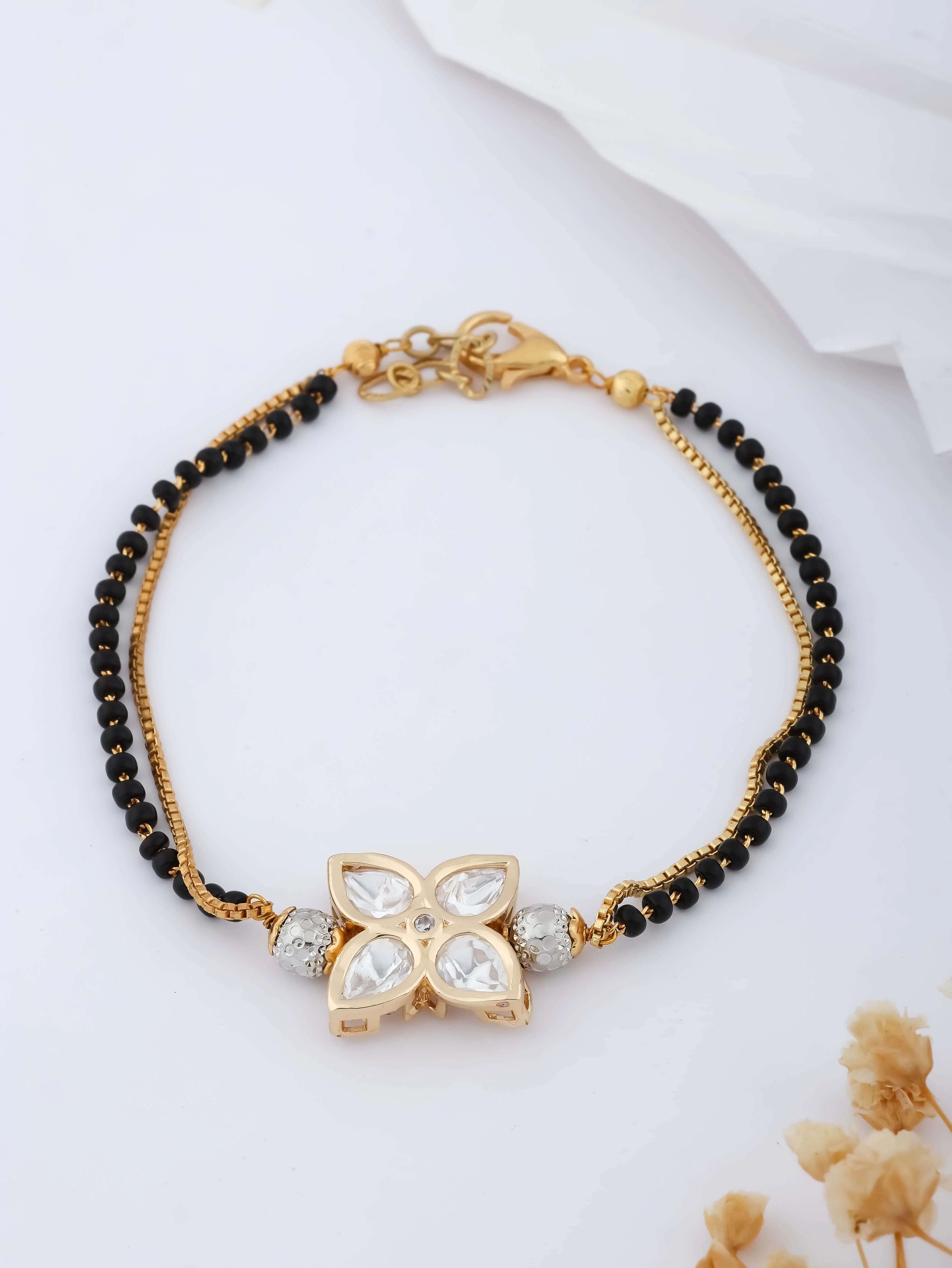 American Diamond Flower Shape Gold Fancy Hand Mangalsutra