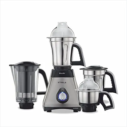 Preethi Steel Supreme MG-208 mixer grinder, 750 watt (Silver/ Black), 4 jars - Super Extractor juicer Jar, Vega W5 motor with 5yr Warranty & Lifelong Free Service