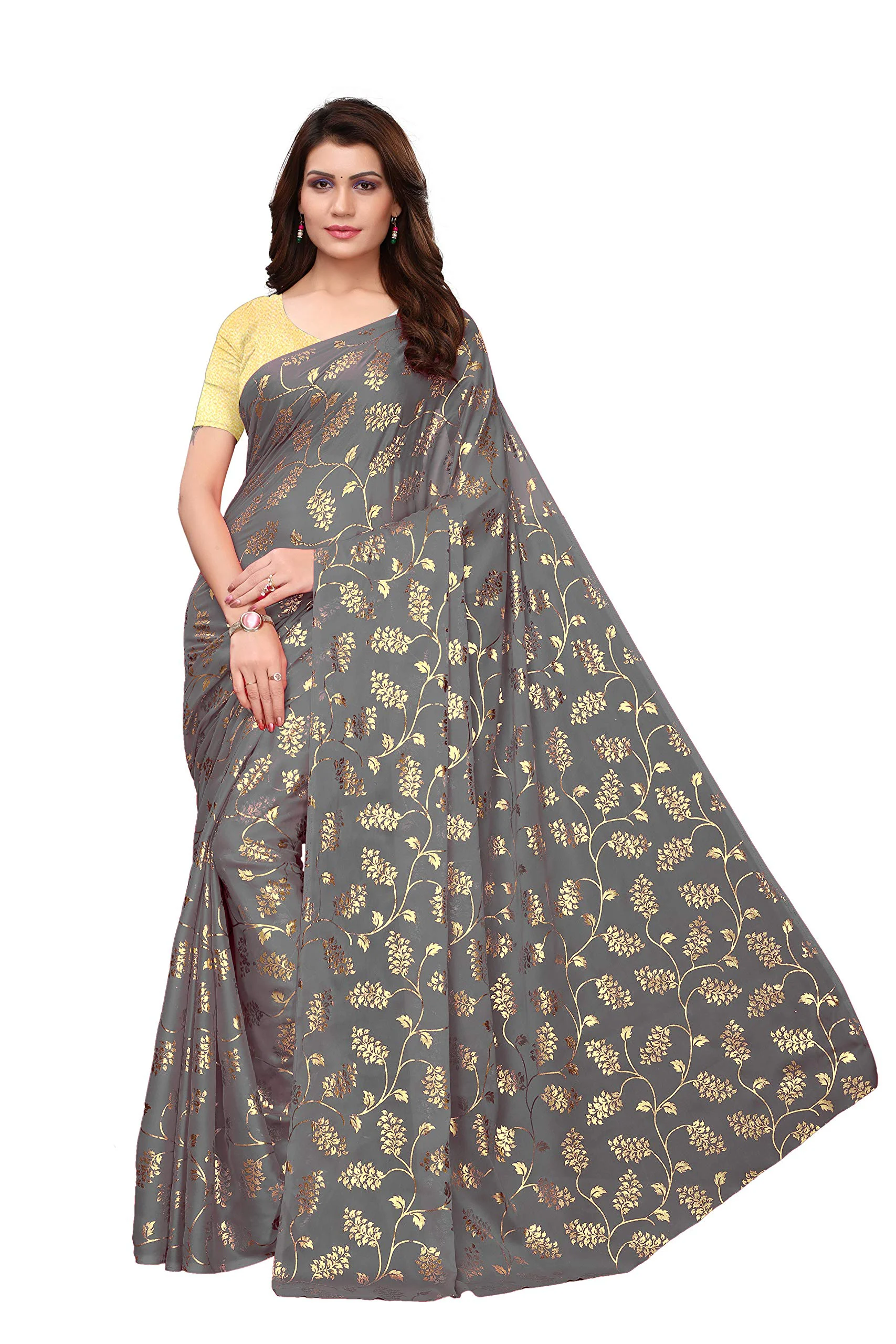 Yashika Silk with Blouse Piece Saree (FOIL Floral Black_Grey_Free Size) - image 2