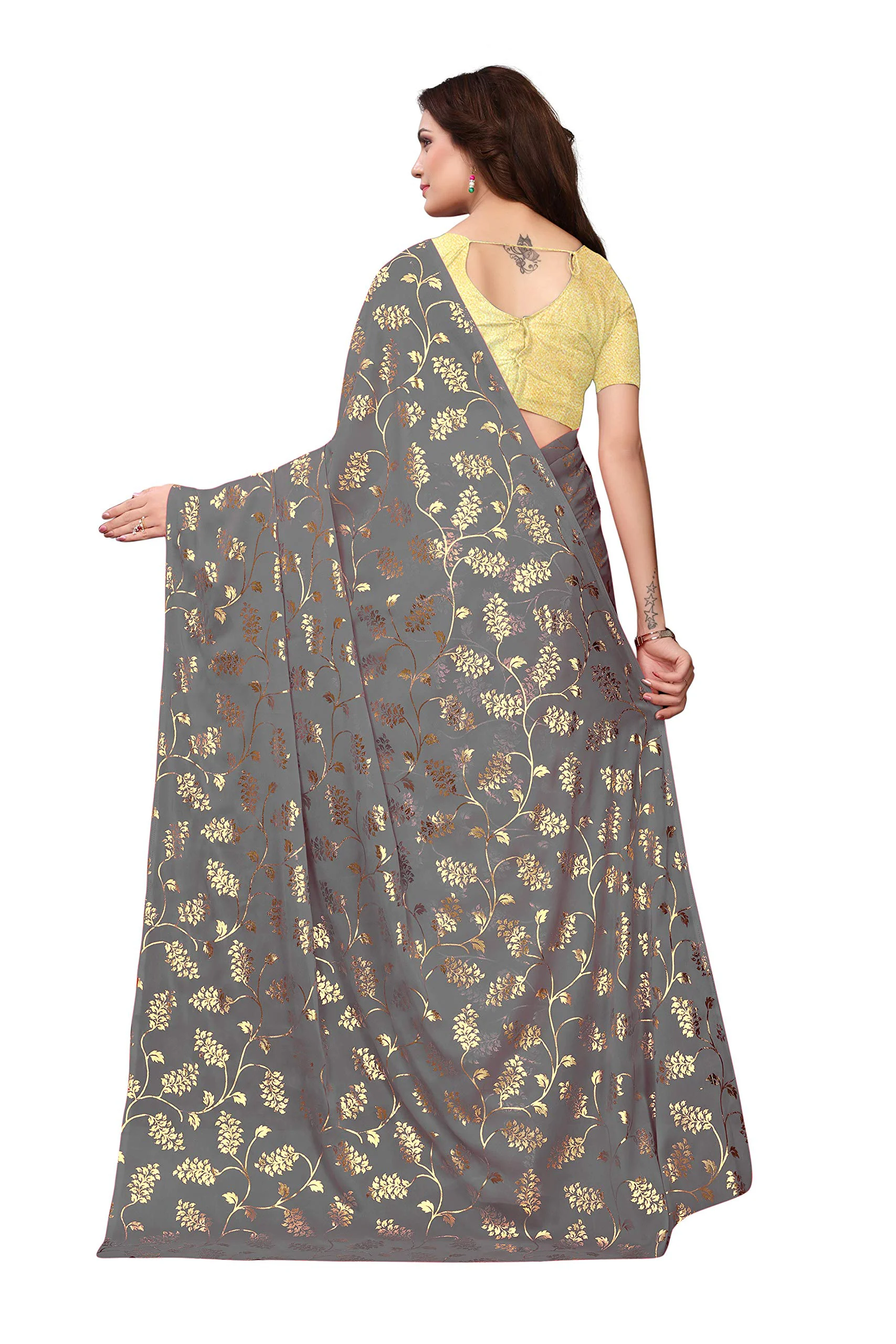 Yashika Silk with Blouse Piece Saree (FOIL Floral Black_Grey_Free Size) - image 4