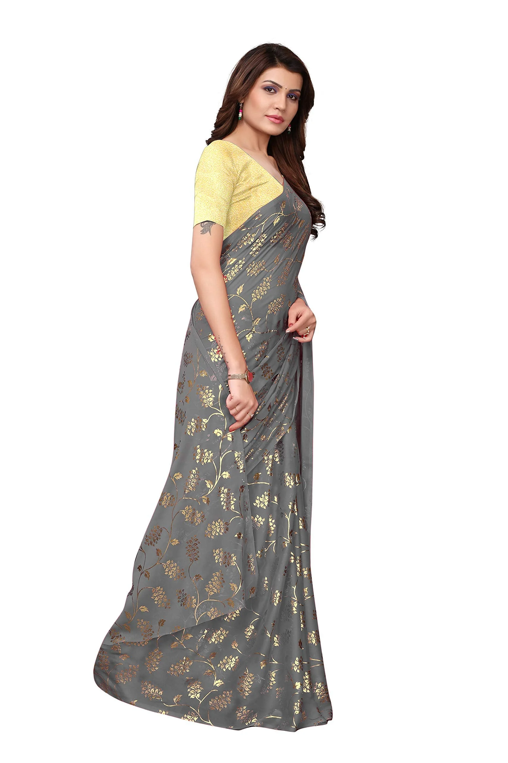 Yashika Silk with Blouse Piece Saree (FOIL Floral Black_Grey_Free Size) - image 5