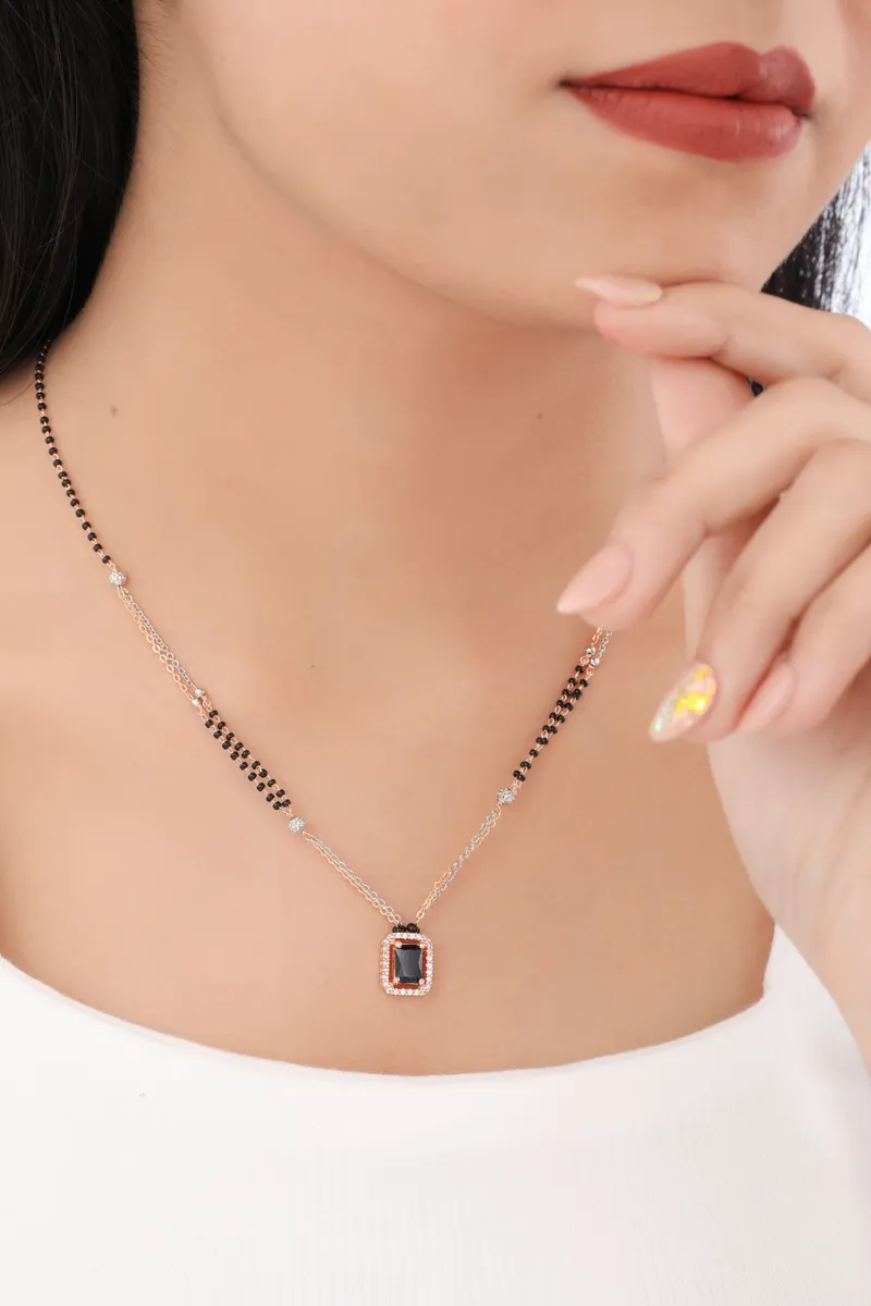 Buy 1 Get 1 Free -Black Rectangle CZ Pendant Mangalsutra | Dual Tone Chain with Black Beads