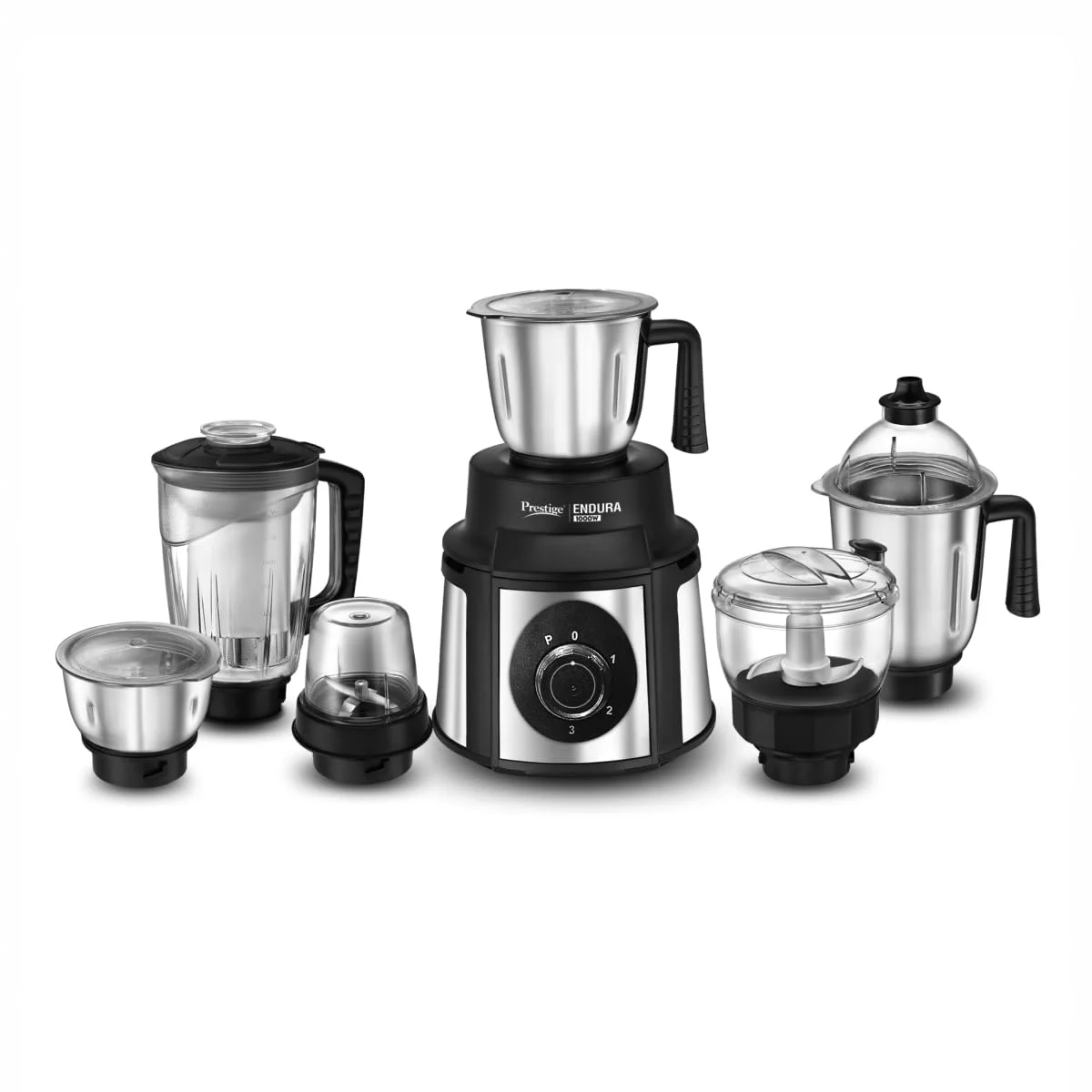 Prestige 1000 Watt Endura Mixer Grinder with 3 Stainless Steel Jar + 1 Juicer Jar, 1 Mix-O-Keep Jar, 1 Multi-utility Jar, Black |Sturdy Stainless Steel Body|7-Efficient Stainless Steel Blades