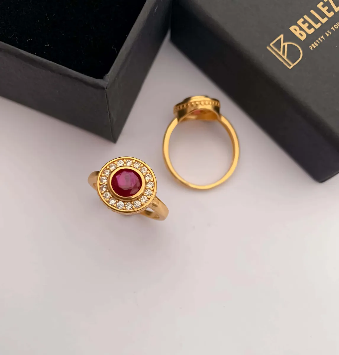 American Diamond high gold round shape  ruby color ring.