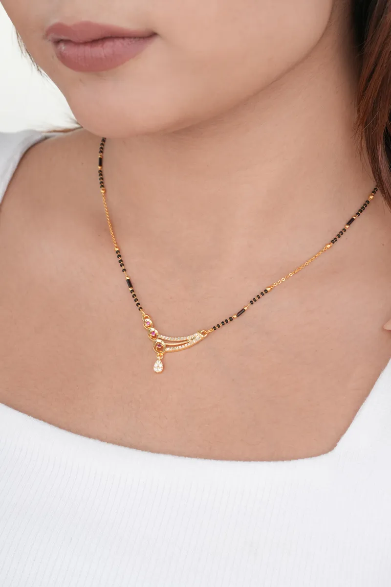 Buy 1 Get 1 Free - Gold Finish Ruby Triple Stone Curved Minimal Mangalsutra