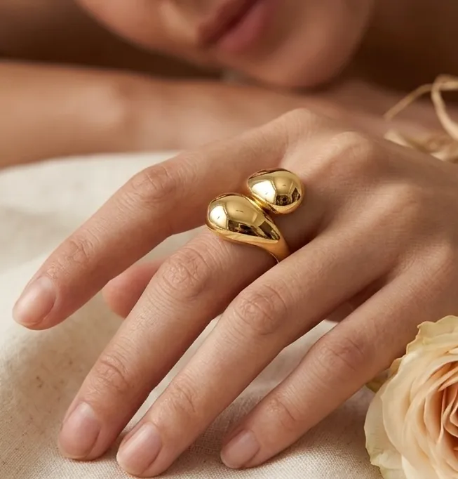Modern Dual Teardrop Gold Adjustable Ring