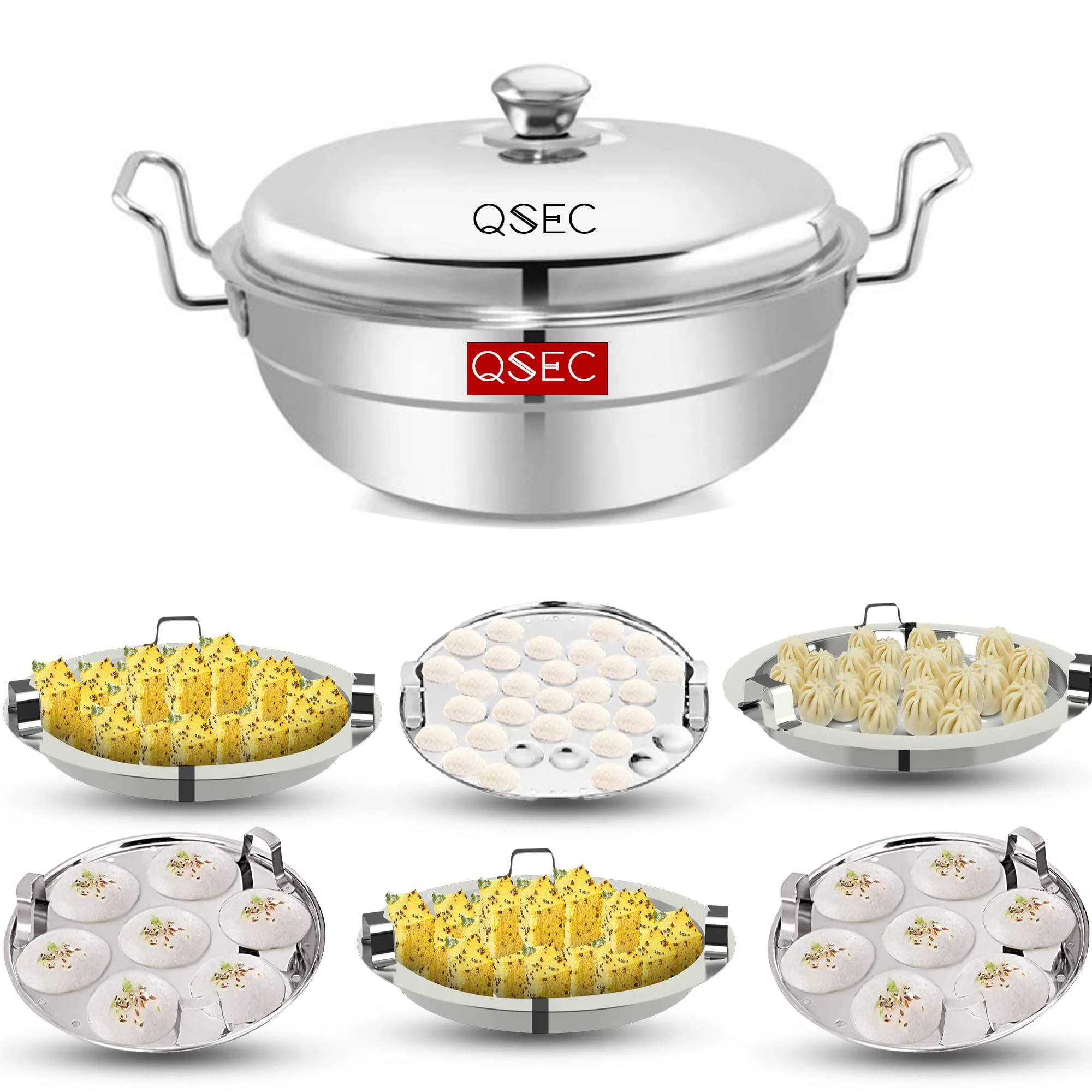 QSEC Triply bottom Idli maker Stainless Steel 4-in-1 Induction base Multi utility Kadai Idli Cooker All-in-One Big Size dhokla Cooker | 6 Plate 2 Idli | 1 mini idli 2 Dhokla 1 Patra Momo Steamer - image 2