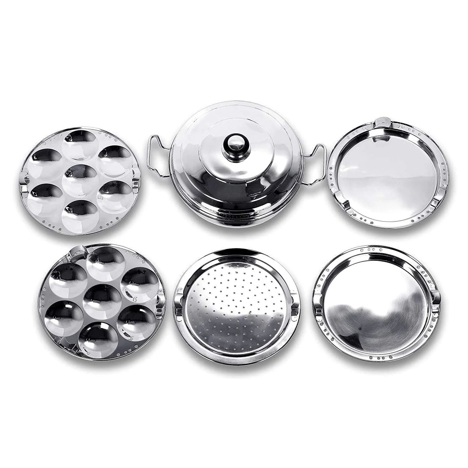 QSEC Triply bottom Idli maker Stainless Steel 4-in-1 Induction base Multi utility Kadai Idli Cooker All-in-One Big Size dhokla Cooker | 6 Plate 2 Idli | 1 mini idli 2 Dhokla 1 Patra Momo Steamer - image 5