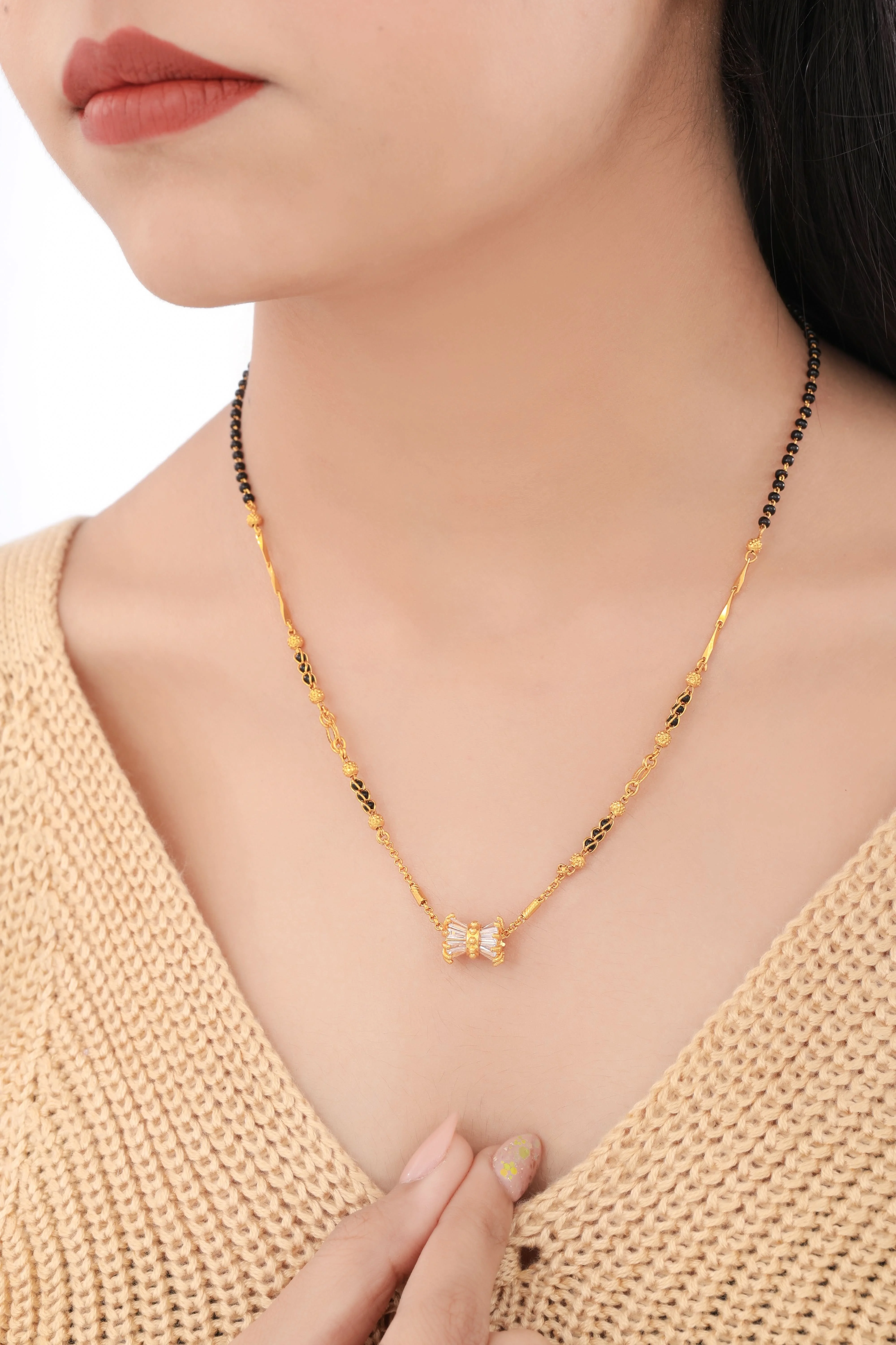 Buy 1 Get 1 Free - Minimal Bow Design Diamond Style Black Beads Mangalsutra