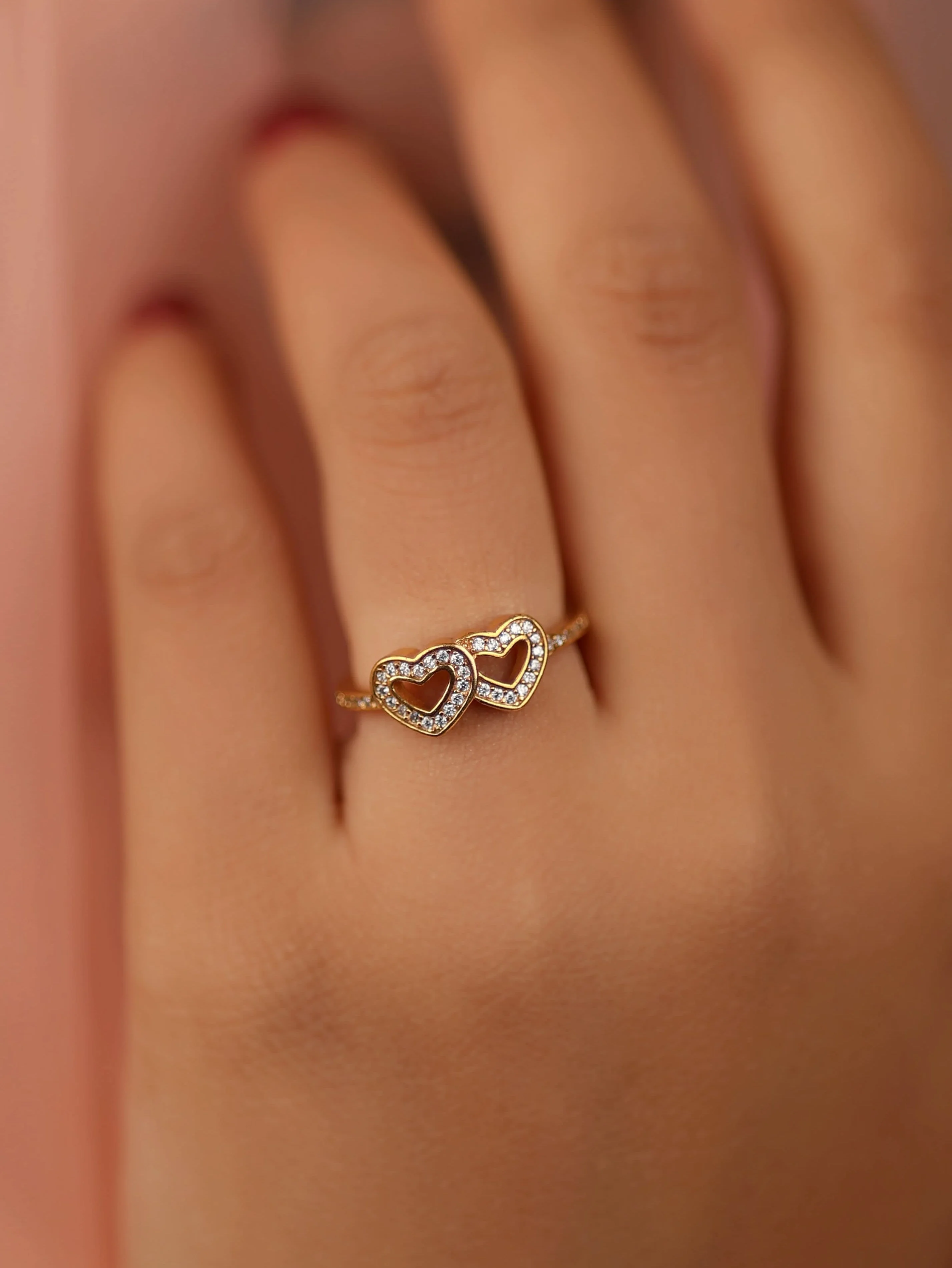 Double Heart Love Ring – American Diamond Sparkling Finish