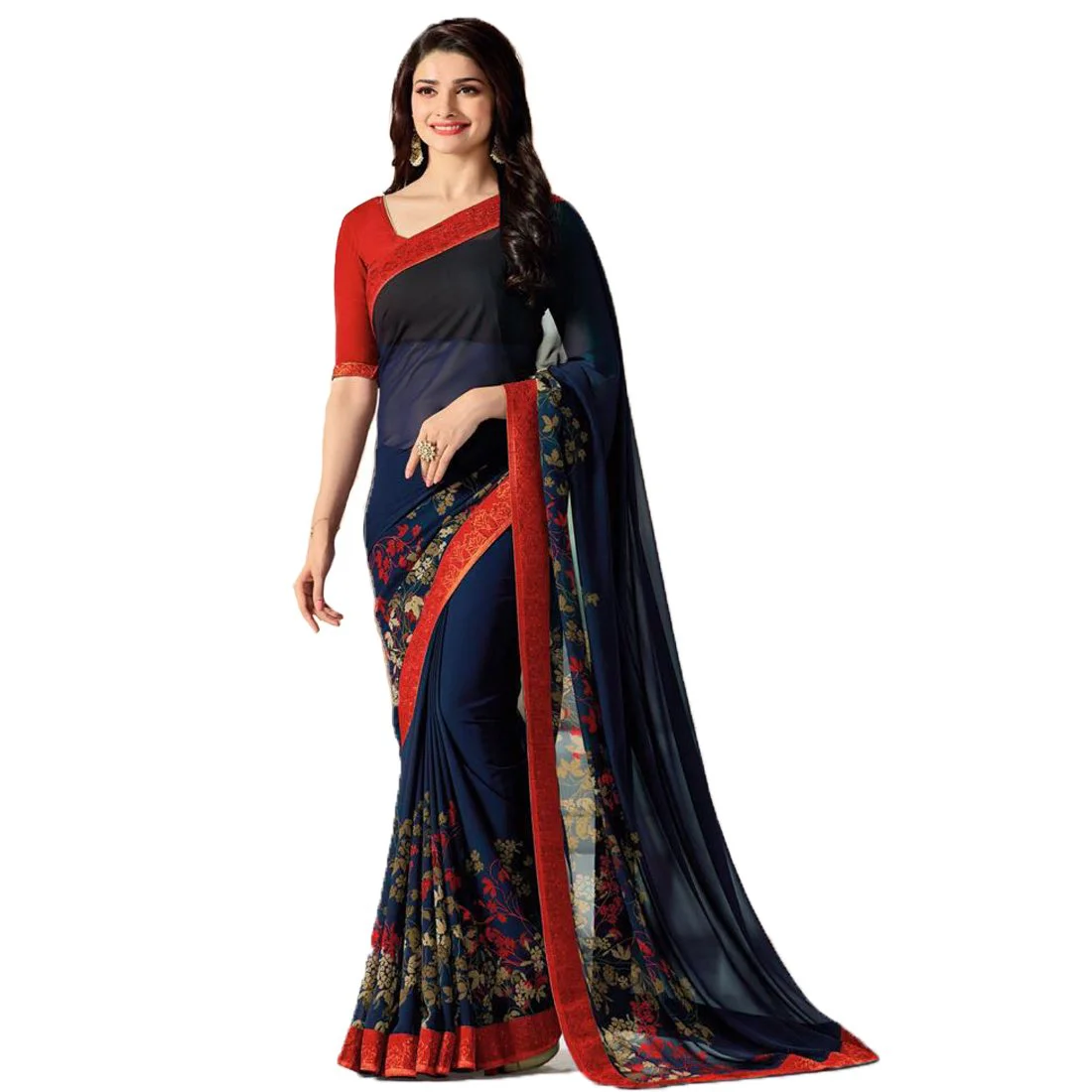 RAJESHWAR FASHION WITH RF Women's Floral Printed Georgette Sarees For Women With Jacquard Lace Border & Blouse(A15 BLUE RED NEW 4_Multicolored_Free Size 6.30 Mtr)