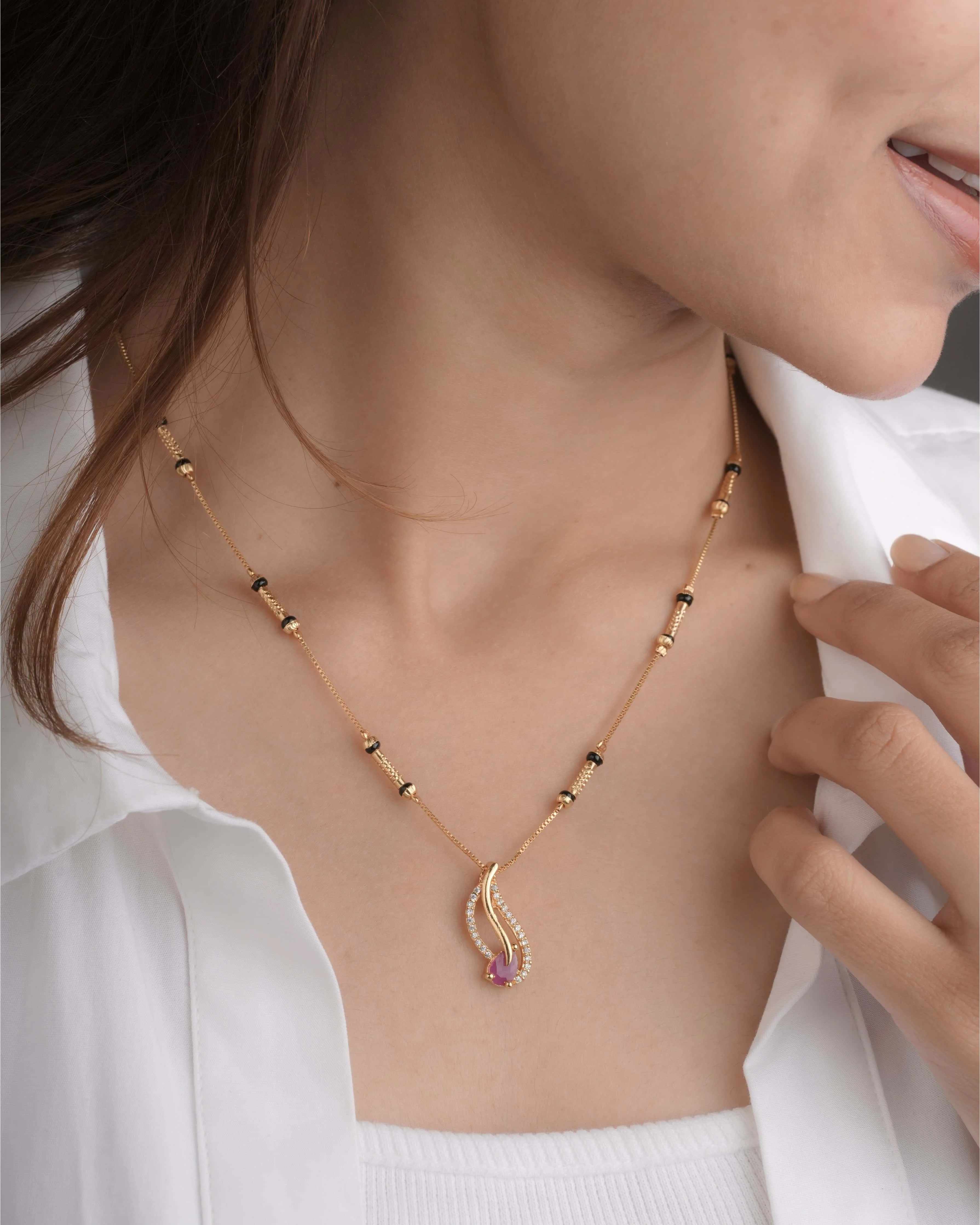 Buy 1 Get 1 Free -  Elegant Curved Flame Black Beads Mangalsutra with Pink Stone