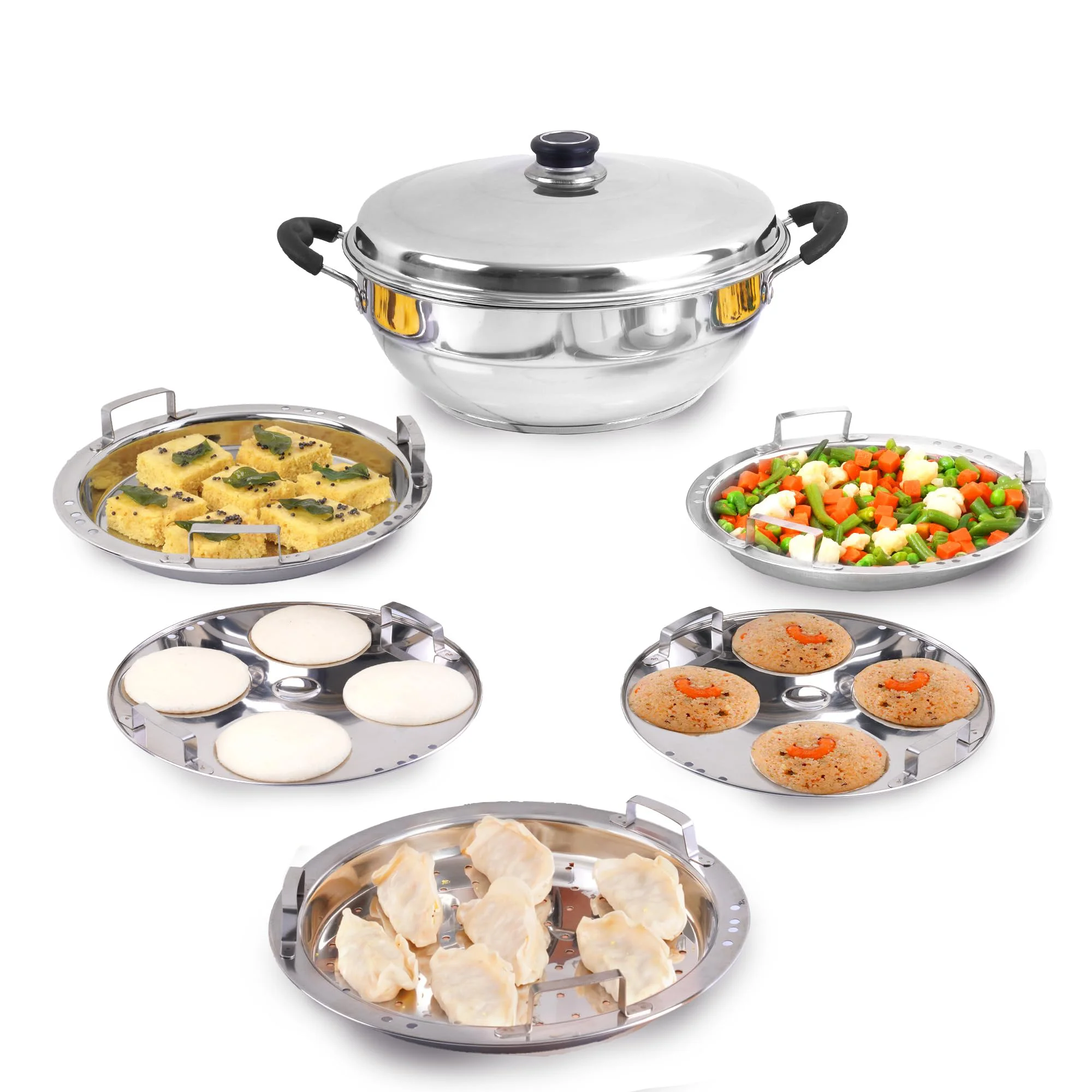 The Indus Valley Stainless Steel Idli Maker/Momo Maker/Multi Kadai/Steamer Set | Small, 5 Plates, 2 Idli | 2 Dhokla | 1 Steamer | 23cm/9 inch, 3Ltr, 1.7kg | 3-Layer Thick Bottom | Induction friendly - image 1