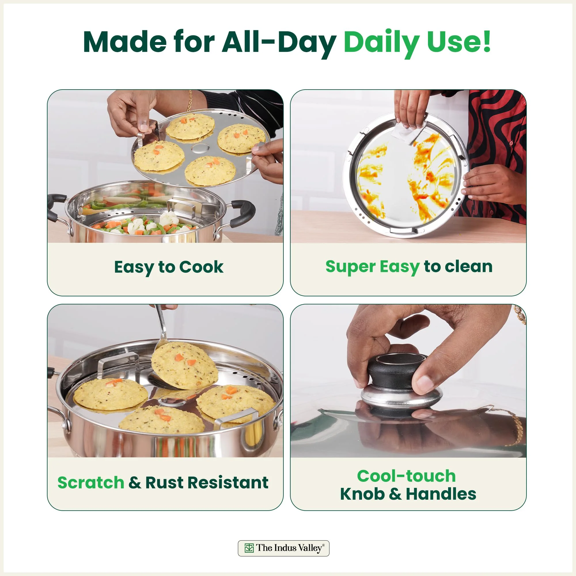 The Indus Valley Stainless Steel Idli Maker/Momo Maker/Multi Kadai/Steamer Set | Small, 5 Plates, 2 Idli | 2 Dhokla | 1 Steamer | 23cm/9 inch, 3Ltr, 1.7kg | 3-Layer Thick Bottom | Induction friendly - image 3