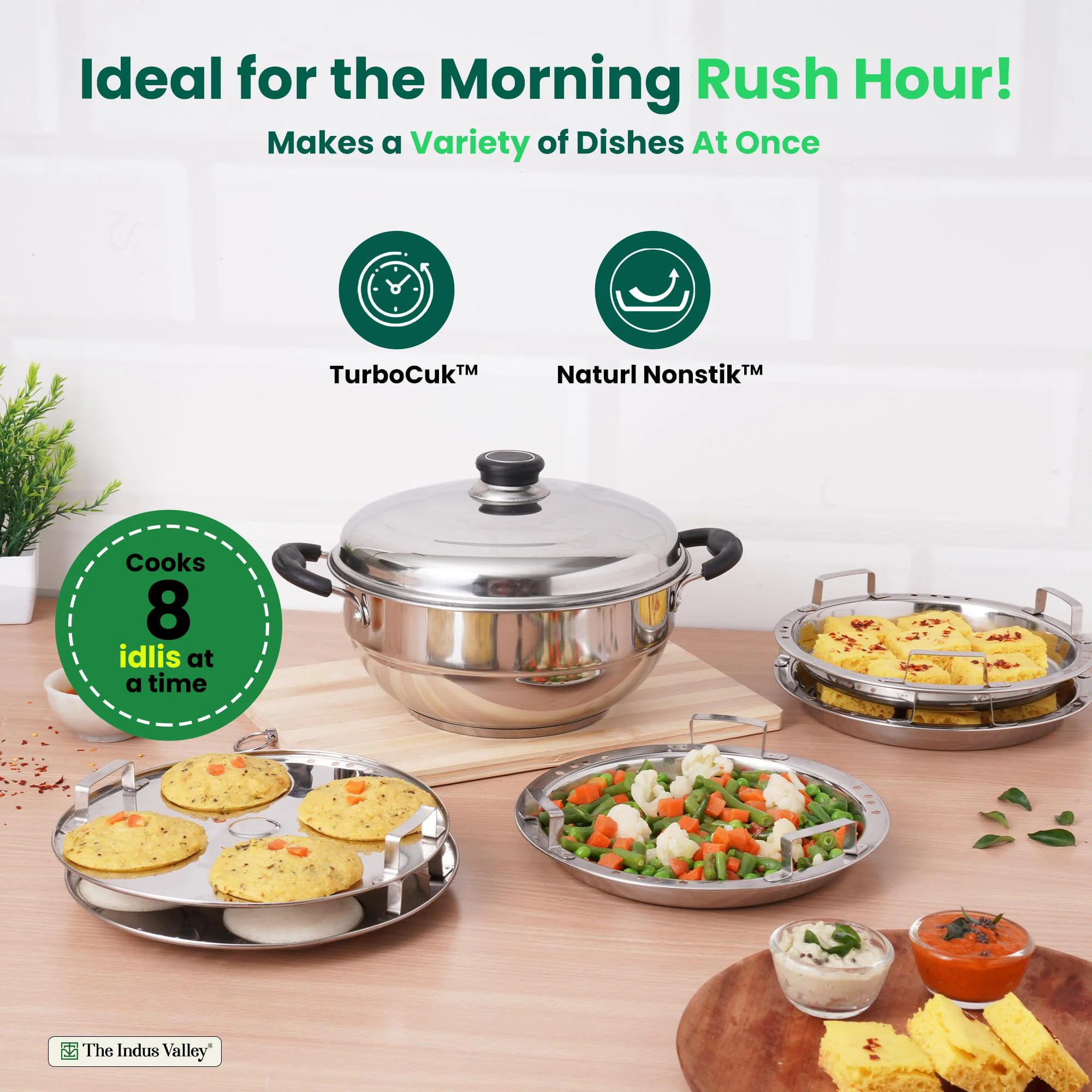 The Indus Valley Stainless Steel Idli Maker/Momo Maker/Multi Kadai/Steamer Set | Small, 5 Plates, 2 Idli | 2 Dhokla | 1 Steamer | 23cm/9 inch, 3Ltr, 1.7kg | 3-Layer Thick Bottom | Induction friendly - image 4