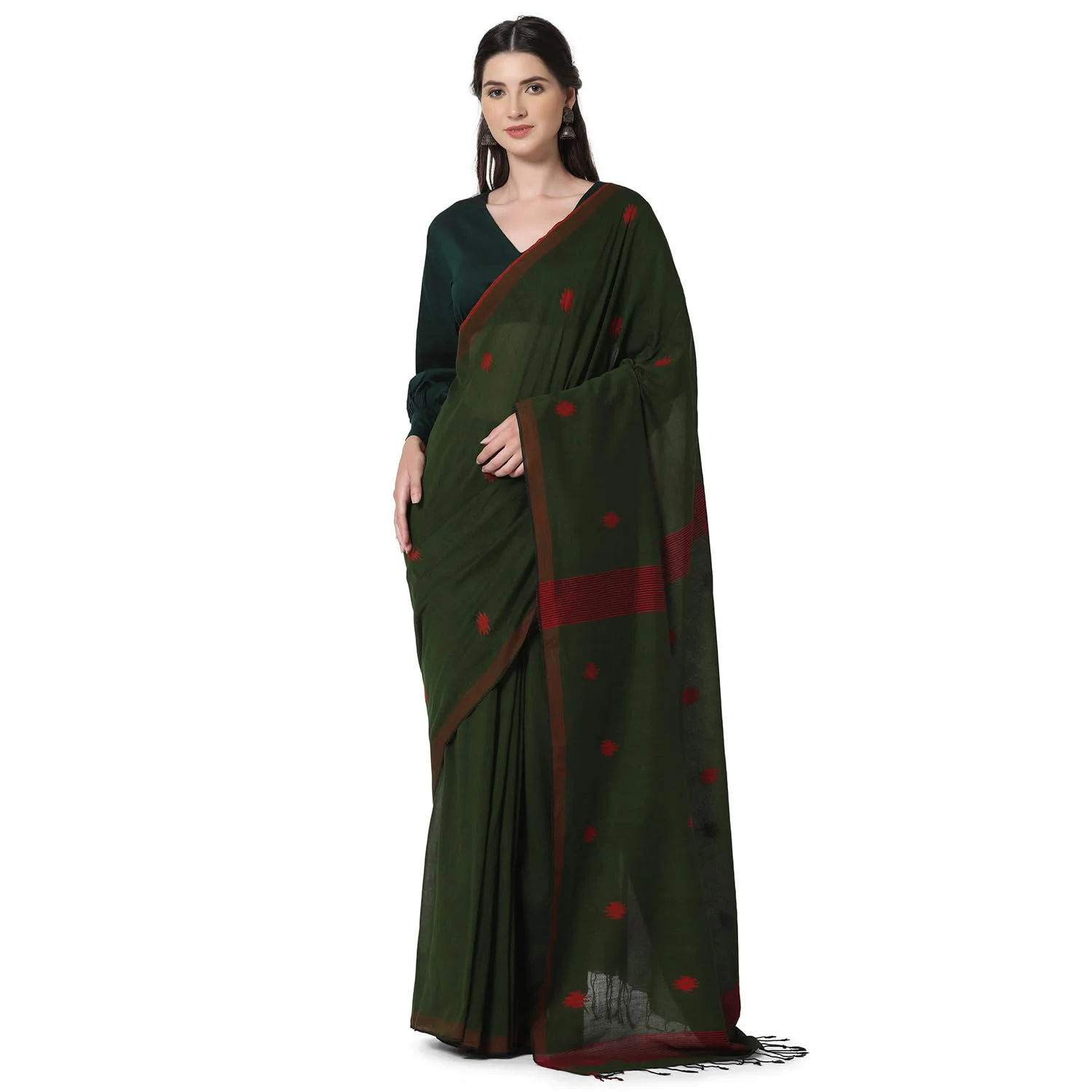 THE WEAVE TRAVELLER Handloom Green Cotton Jamdani Saree With Attached Unstitiched Blouse - image 2