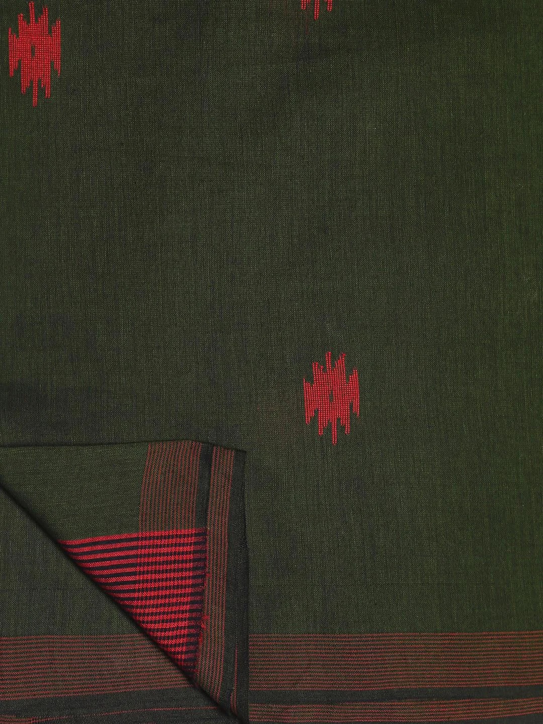 THE WEAVE TRAVELLER Handloom Green Cotton Jamdani Saree With Attached Unstitiched Blouse - image 3