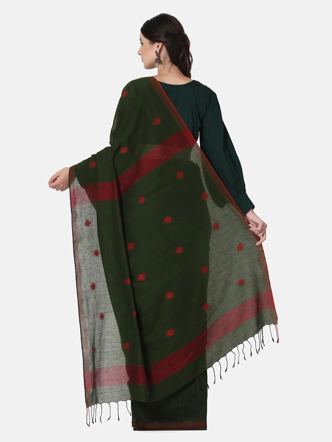 THE WEAVE TRAVELLER Handloom Green Cotton Jamdani Saree With Attached Unstitiched Blouse - image 5