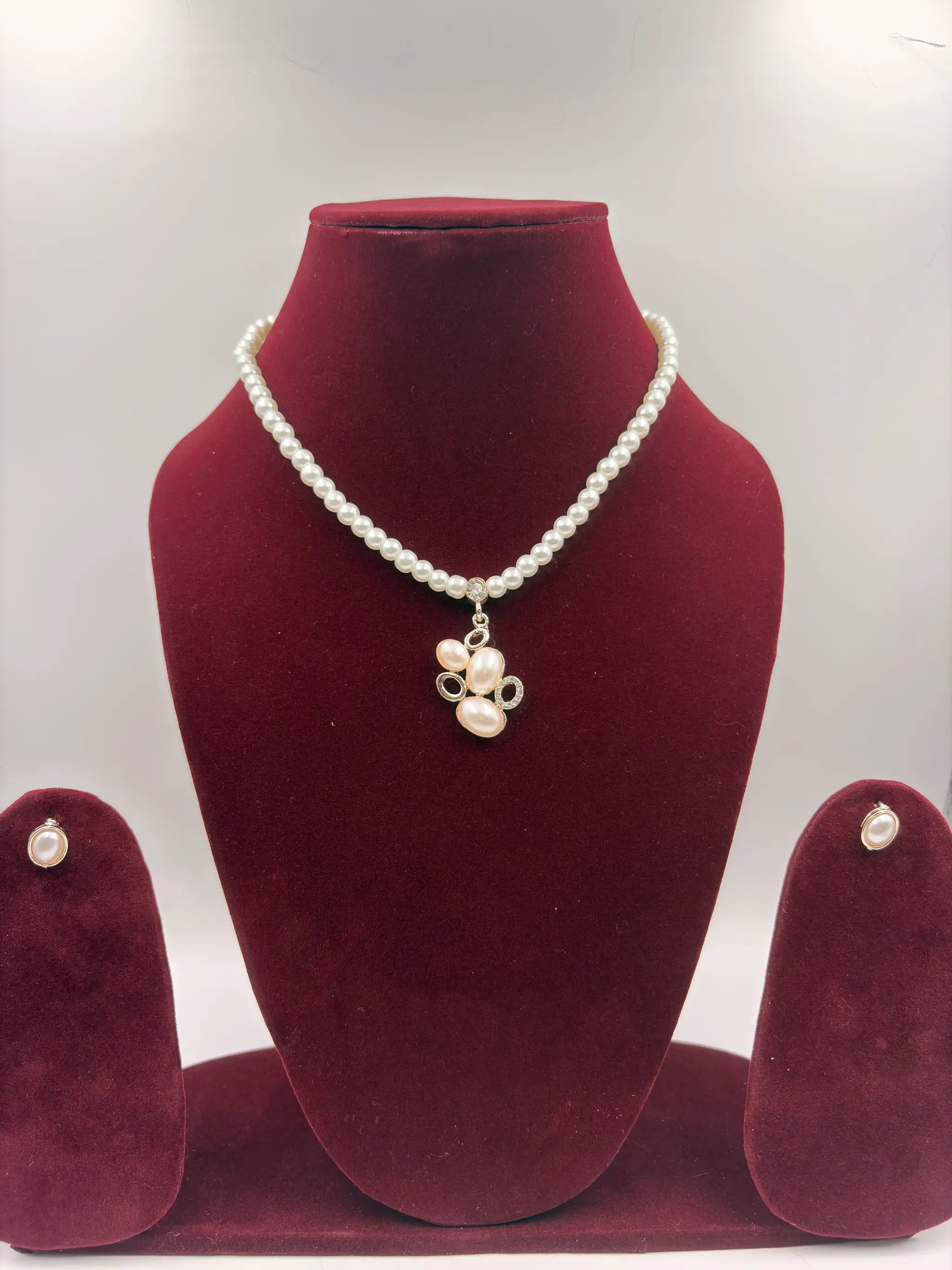 Pearl Necklace with Cluster Pendant Set – 3-Piece Artificial Jewellery