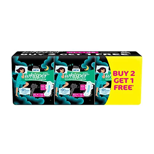 Whisper Bindazzz Night Sanitary Pads|15 thin Pads|XL+|upto 0% Leaks|40% Longer & Wider back|Dry top sheet|Long lasting coverage|Faster absorption|31.7 cm Long|With disposable wrap (Buy 2 get 1 free) 15N*3=45N