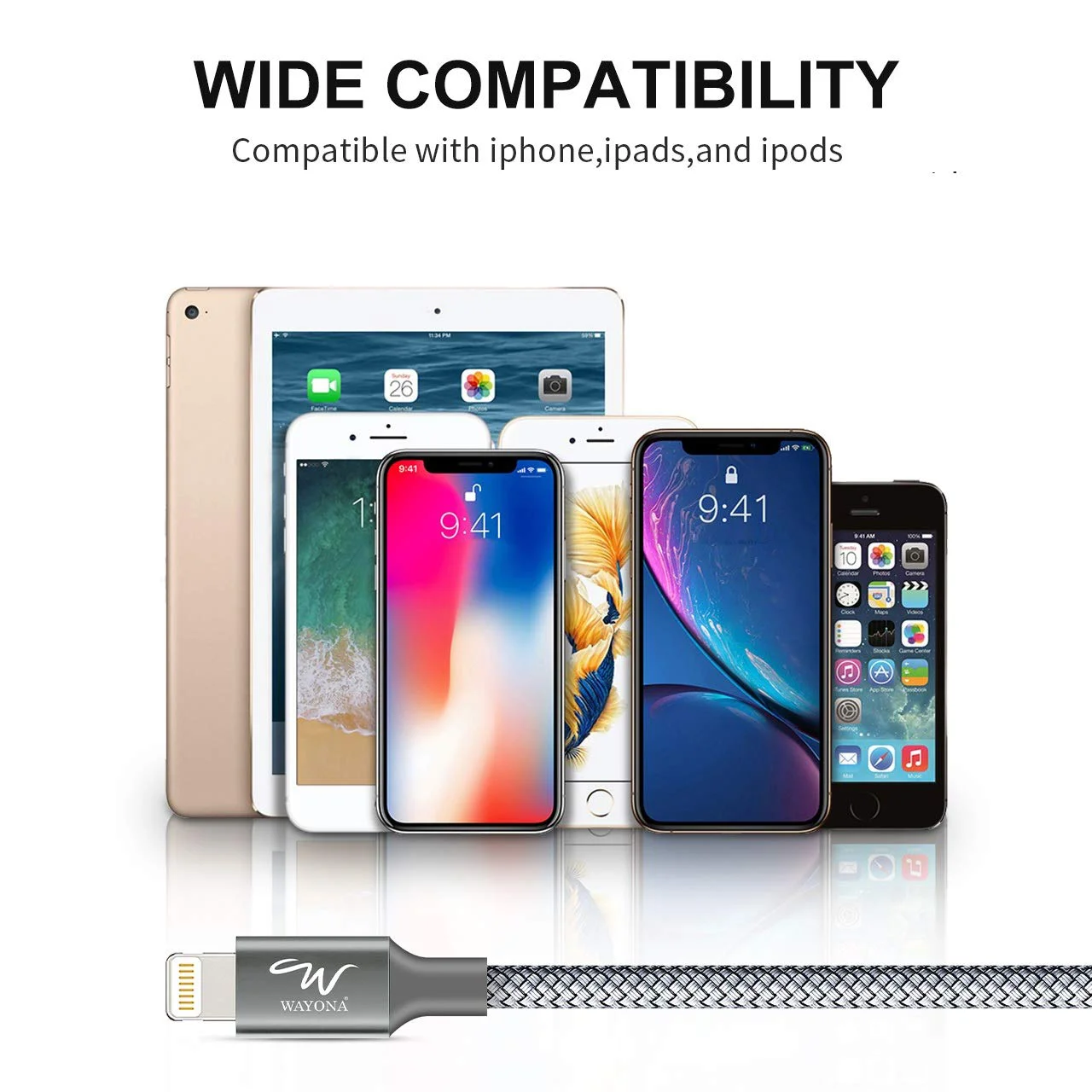 Wayona Nylon Braided USB to Lightning Fast Charging and Data Sync Cable Compatible for iPhone 13, 12,11, X, 8, 7, 6, 5, iPad Air, Pro, Mini (3 FT Pack of 1, Grey) - image 3