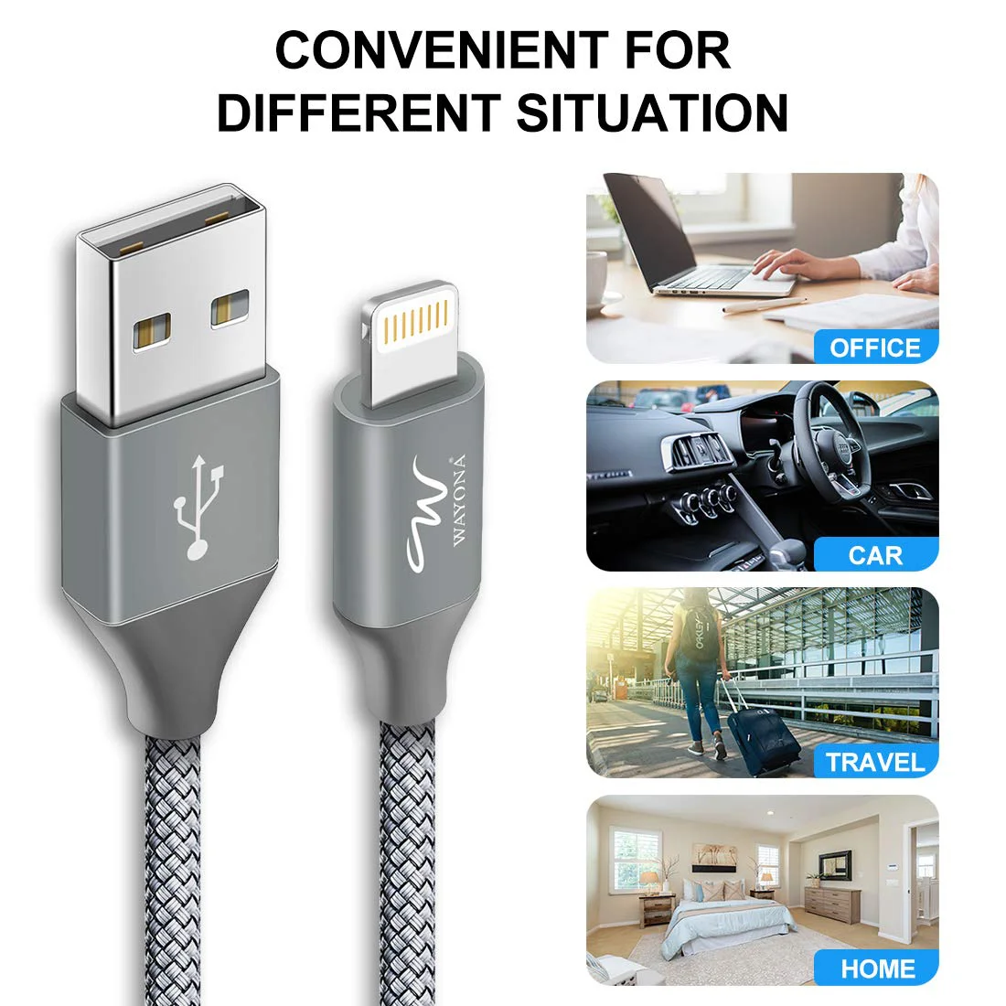 Wayona Nylon Braided USB to Lightning Fast Charging and Data Sync Cable Compatible for iPhone 13, 12,11, X, 8, 7, 6, 5, iPad Air, Pro, Mini (3 FT Pack of 1, Grey) - image 5