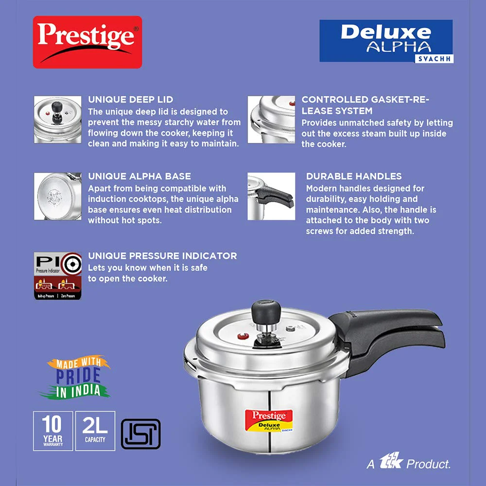 Prestige Svachh Deluxe Alpha 2.0 Litre Stainless Steel Outer Lid Pressure Cookers, Silver, 2 Liter - image 5