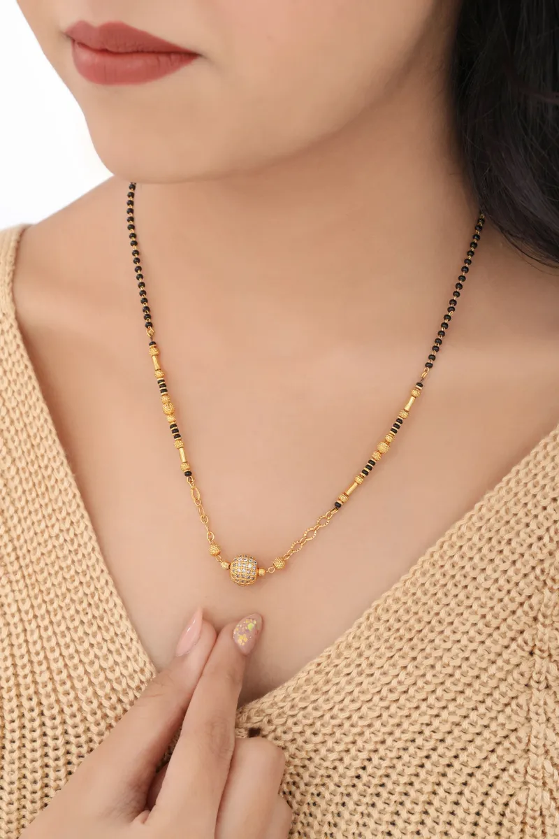 Buy 1 Get 1 Free - Gold Plated Round Crystal Ball Pendant Mangalsutra with Black Beads