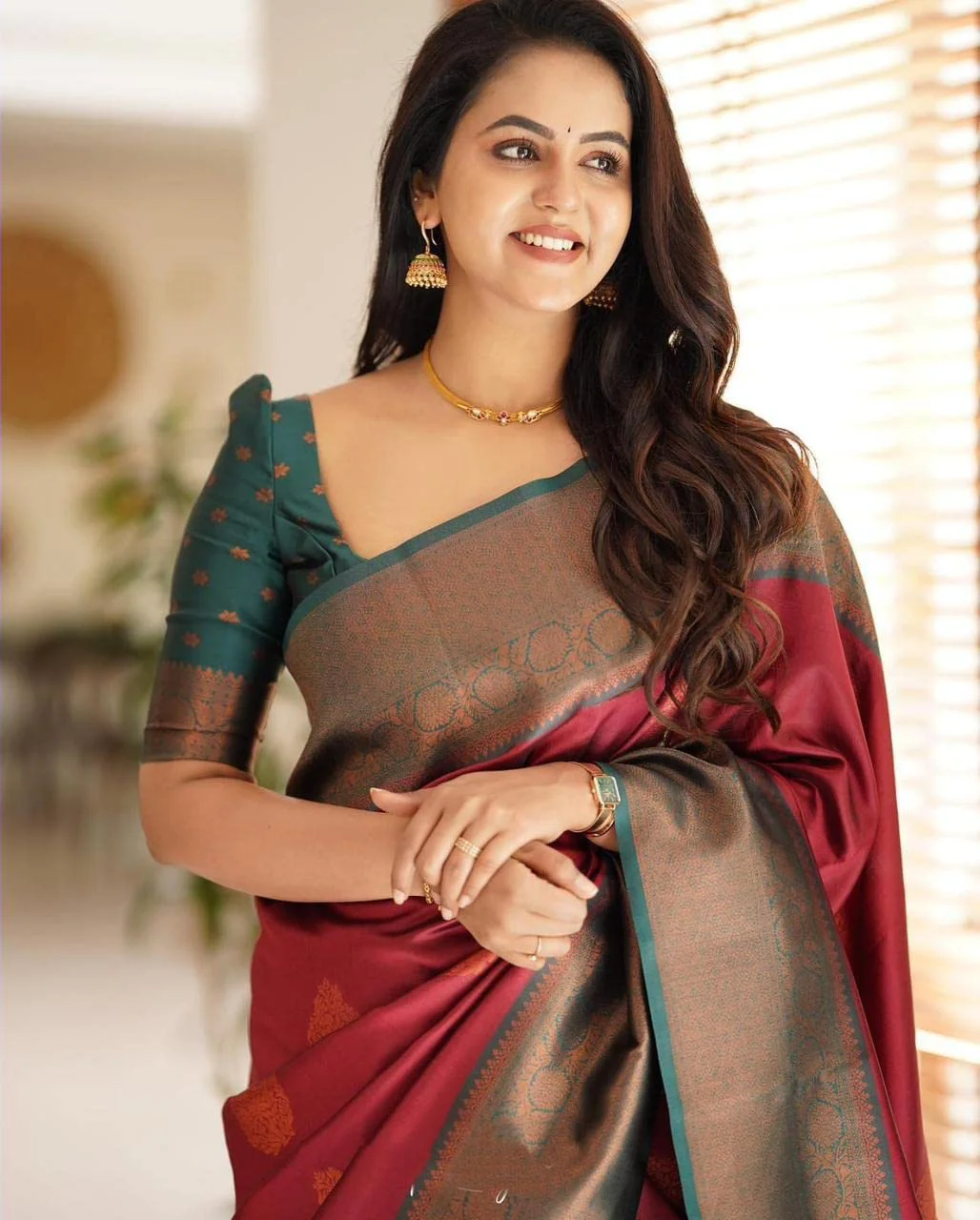 SGF11 Women's Kanjivaram Soft Lichi Silk Saree With Blouse Piece (Maroon) - image 5