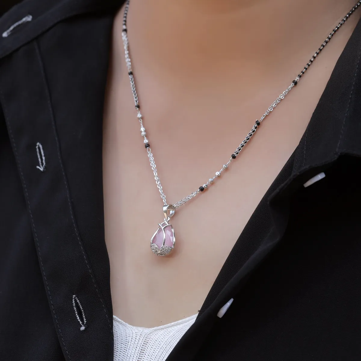 Buy 1 Get 1 Free -Silver Finish Pink Teardrop Crystal Mangalsutra