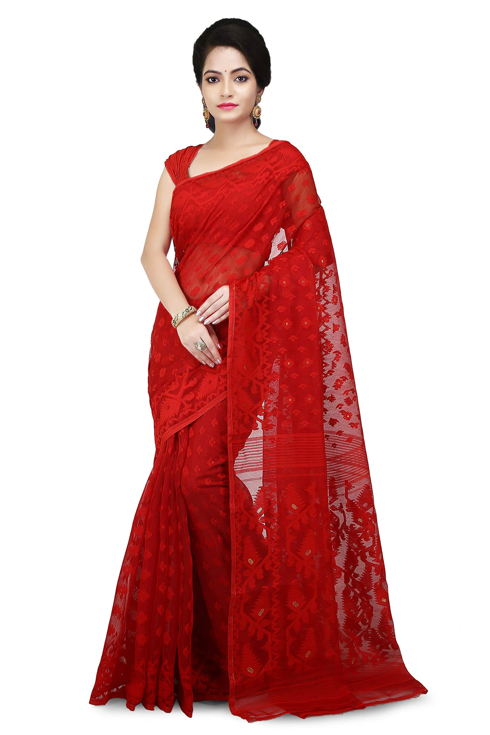 WoodenTant Women's Jamdani Cotton Silk Saree Without Blouse Piece (SDJ17_Red) - image 2