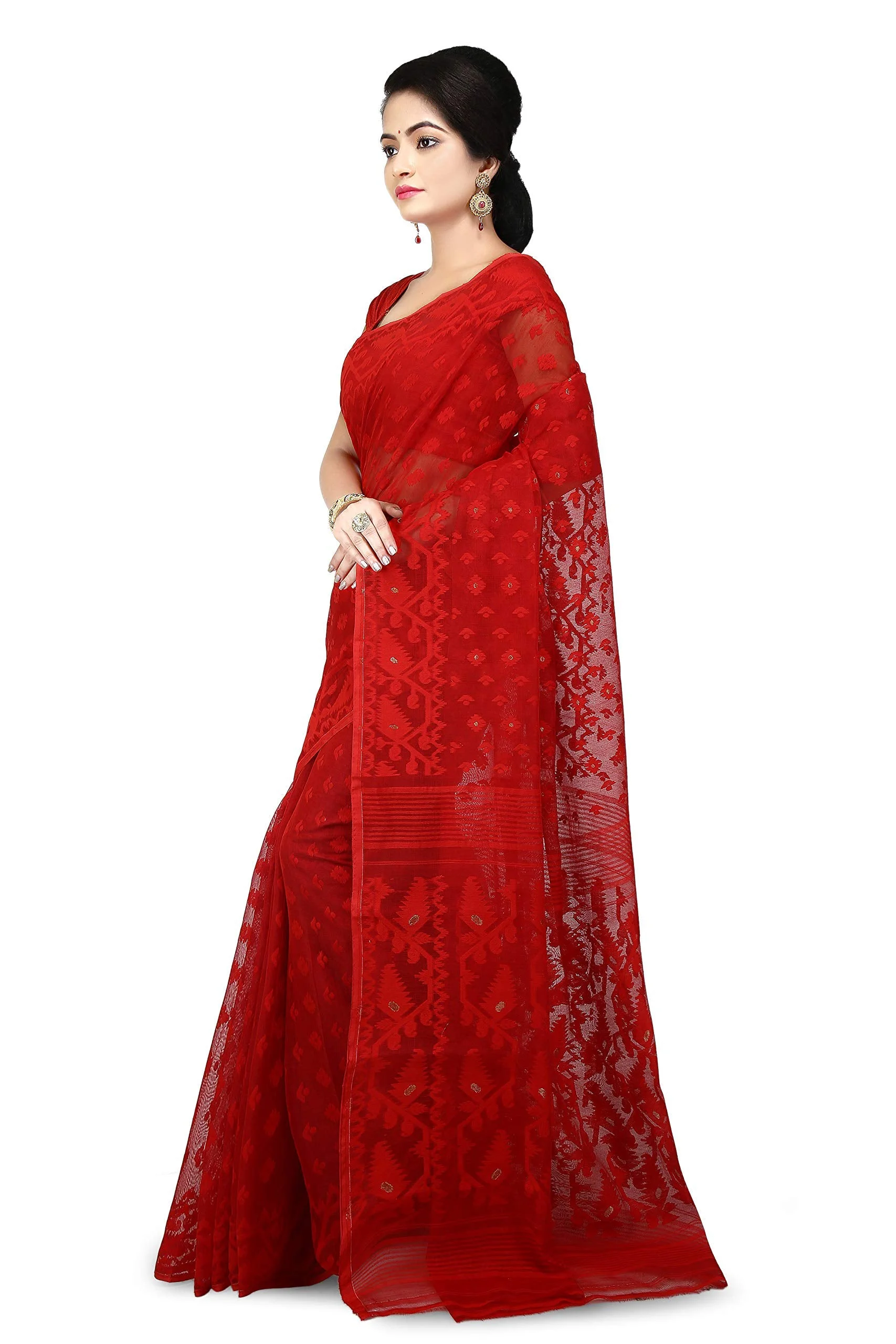 WoodenTant Women's Jamdani Cotton Silk Saree Without Blouse Piece (SDJ17_Red) - image 5