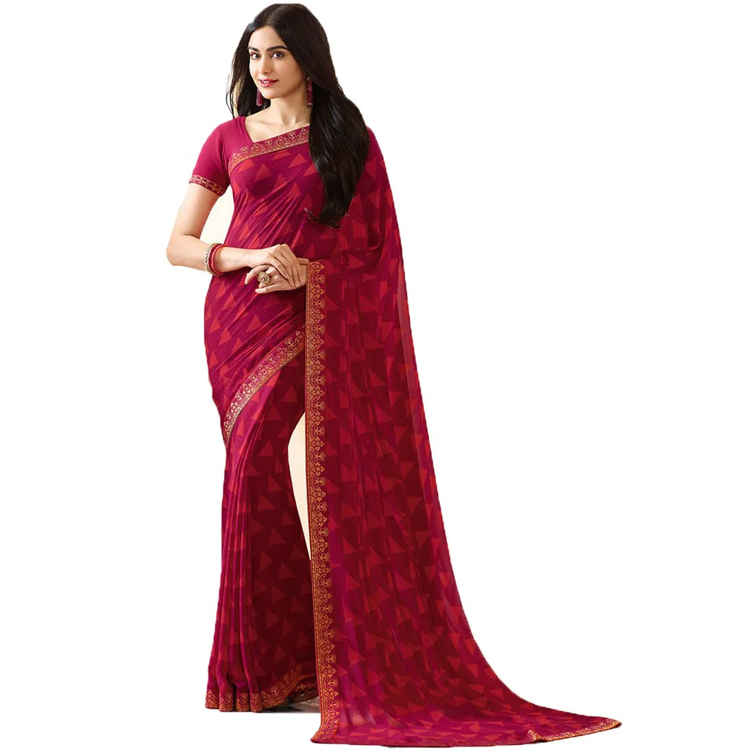 ROOP SUNDARI SAREES Women's Geometric Traingle Printed Georgette Stylish Saree For Women with Blouse Piece (A20 PINK NEW_Multicolored_Free Size 6.30 Mtr)