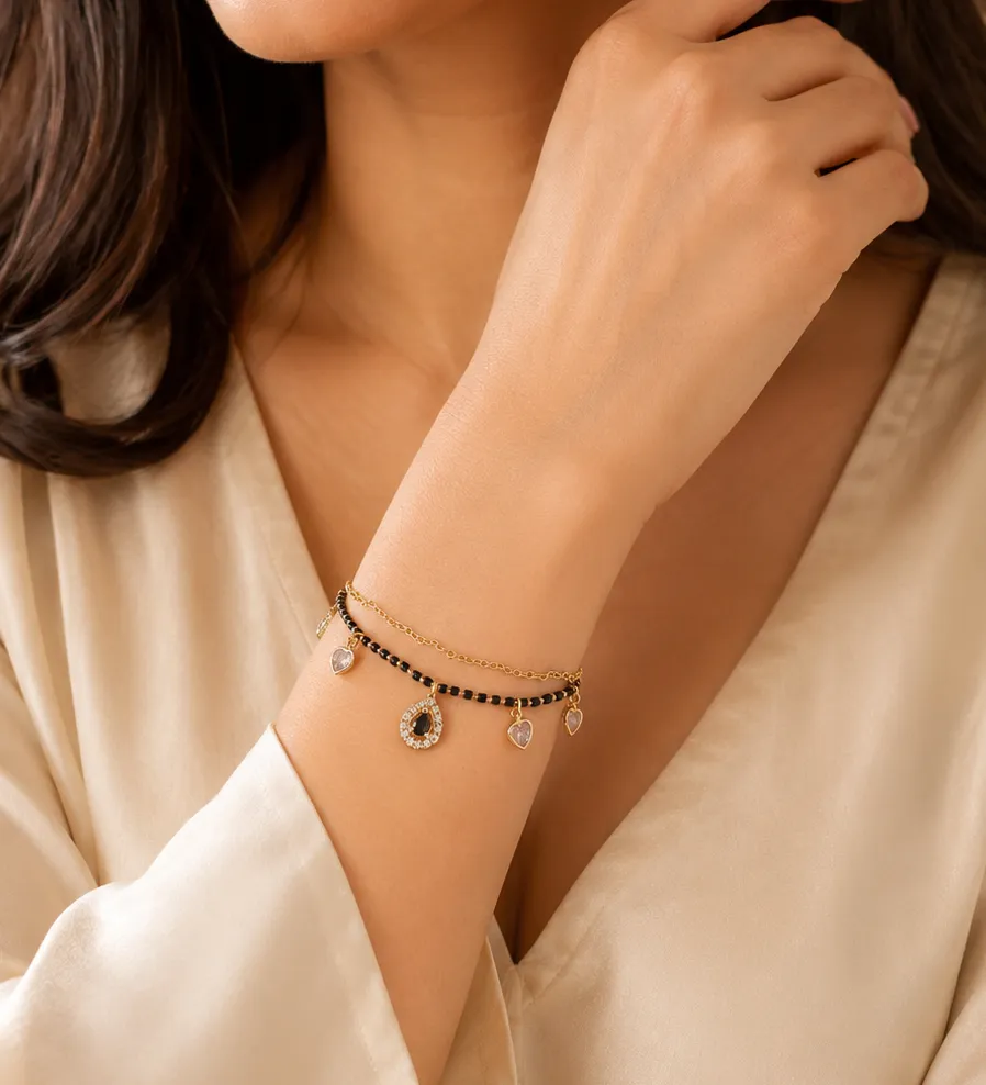 Black Stone Heart Charm Mangalsutra Bracelet