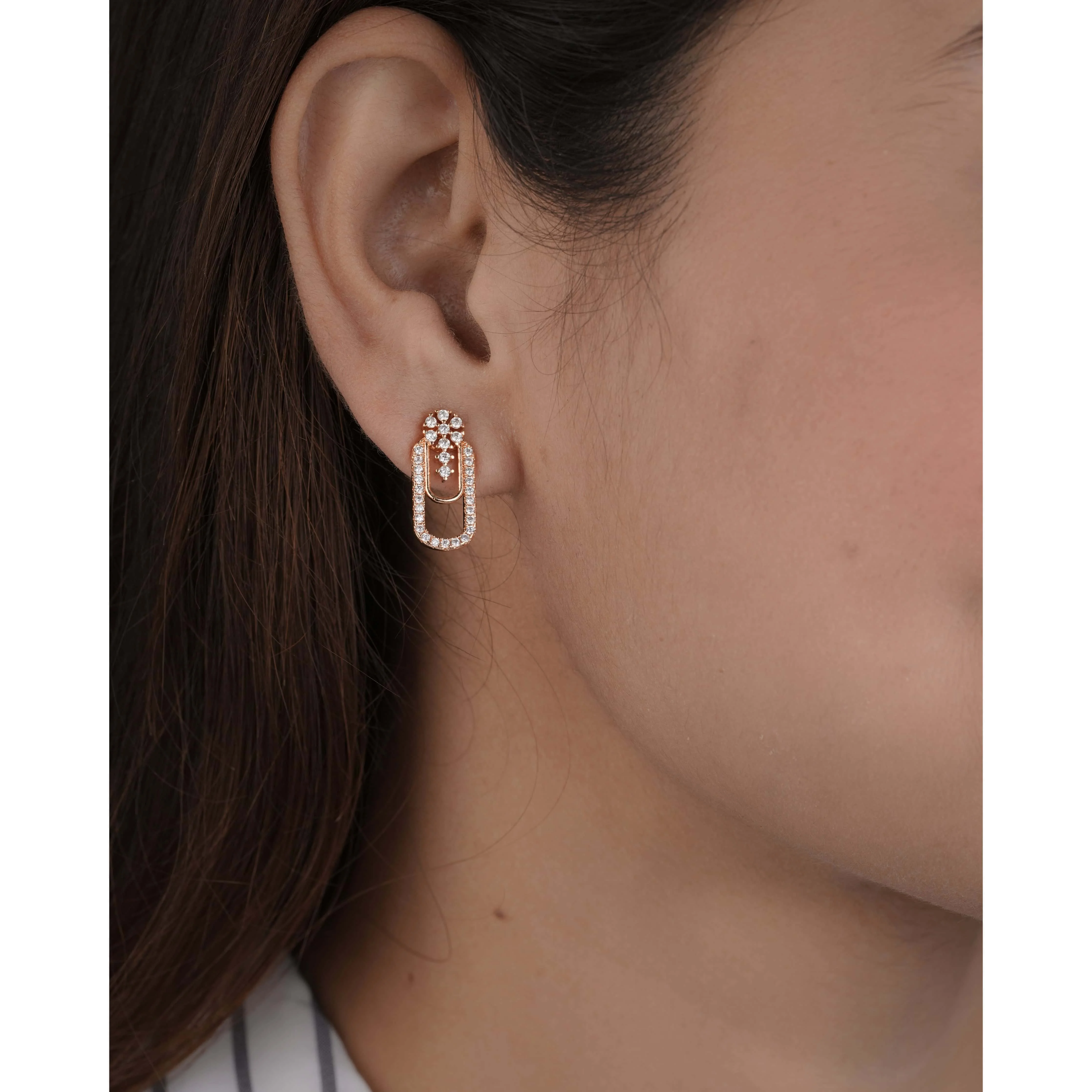 Buy 1 Get 1 Free - Rose Gold Paperclip American Diamond Drop Earrings