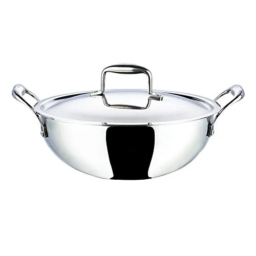 Vinod Platinum Triply Stainless Steel Extra Deep Kadai with Stainless Steel Lid 3.2 litres (24 cm Diameter) Silver (Induction and Gas Stove Friendly)
