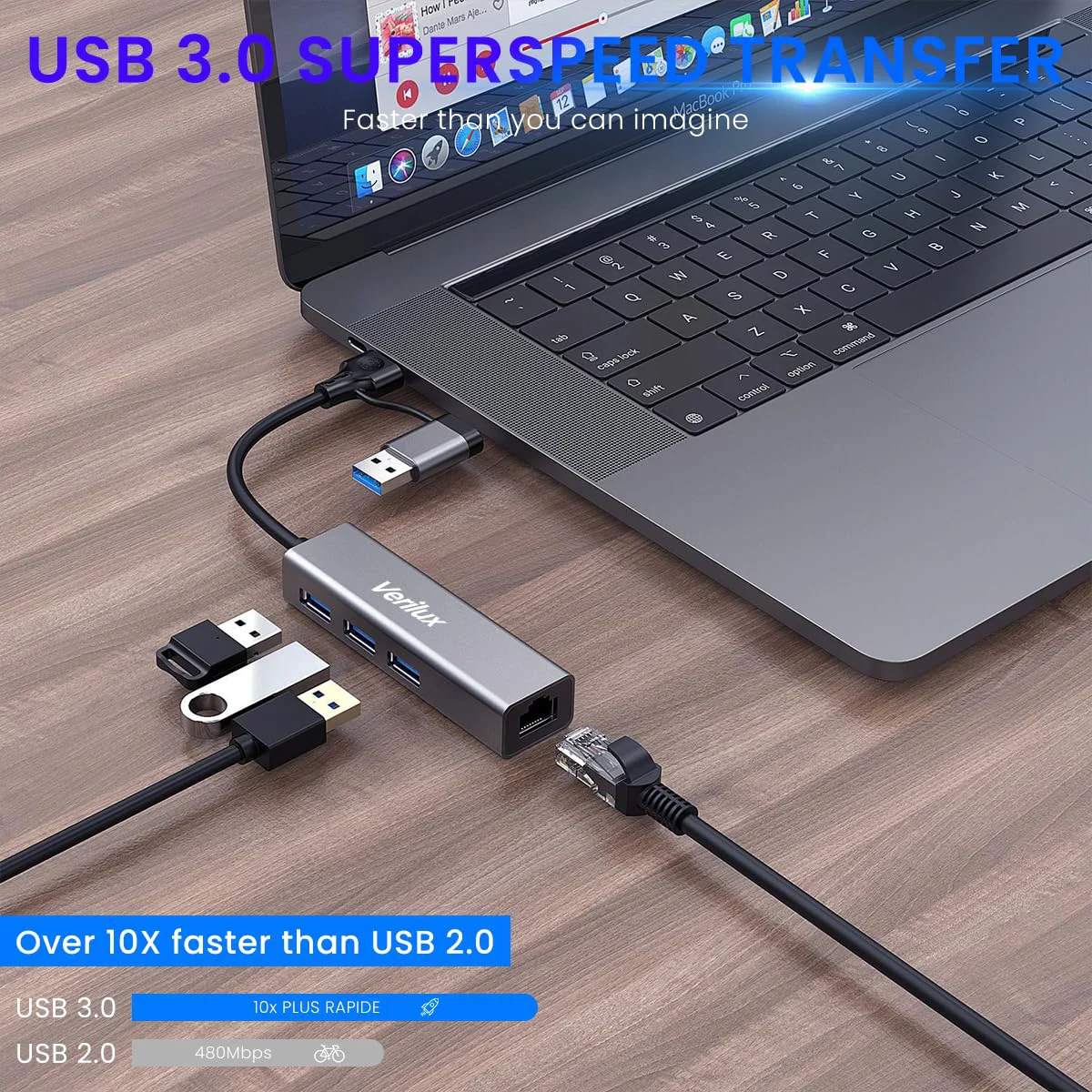 Verilux® USB HUB 3.0 for PC, 4-in-1 Type C HUB with 1 USB 3.0, 2 USB 2.0 & 100Mbps Ethernet Port, Type C/USB Ethernet Adapter for Laptop LAN Connetor Support Windows, Chromebook, Mac, Linux - image 3