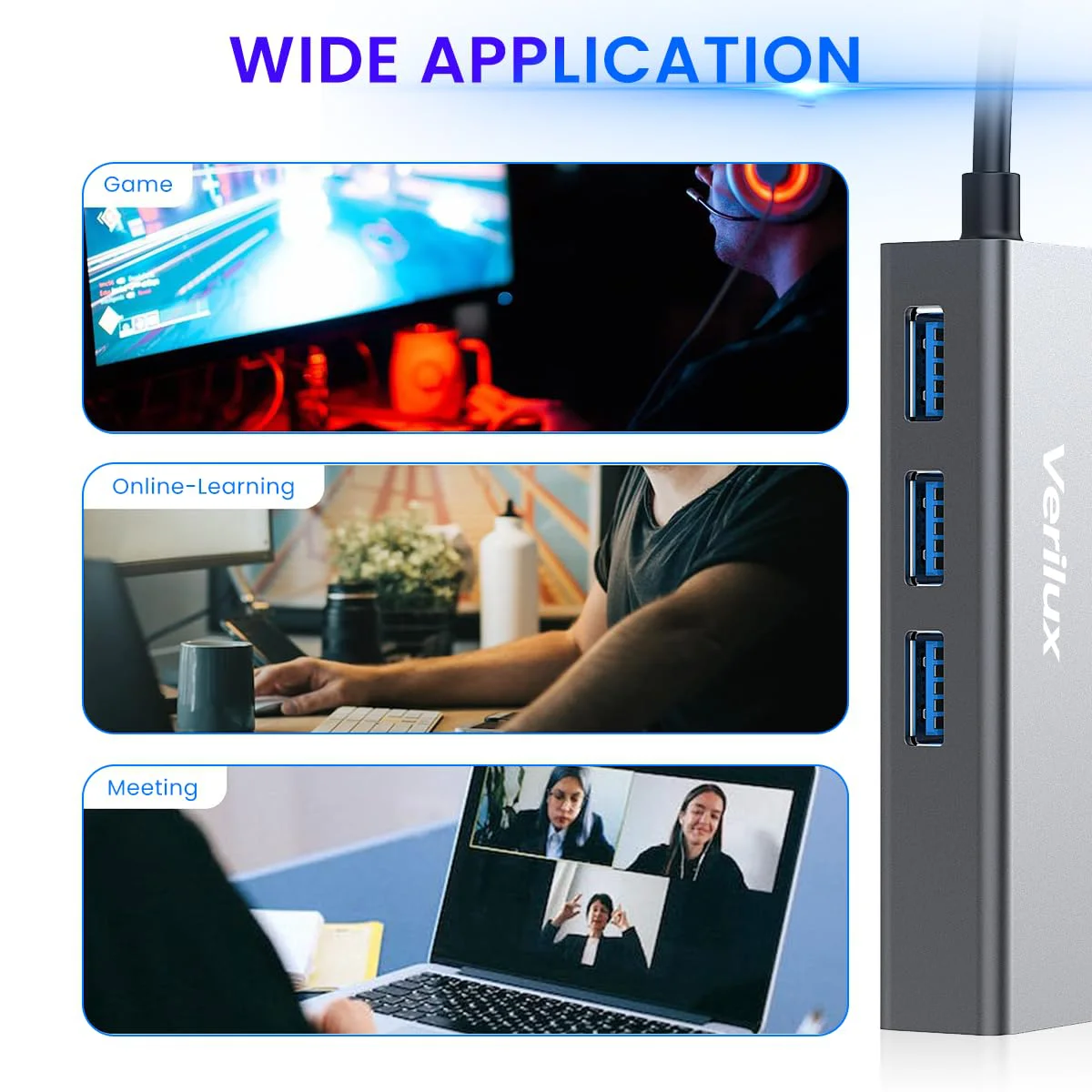 Verilux® USB HUB 3.0 for PC, 4-in-1 Type C HUB with 1 USB 3.0, 2 USB 2.0 & 100Mbps Ethernet Port, Type C/USB Ethernet Adapter for Laptop LAN Connetor Support Windows, Chromebook, Mac, Linux - image 4