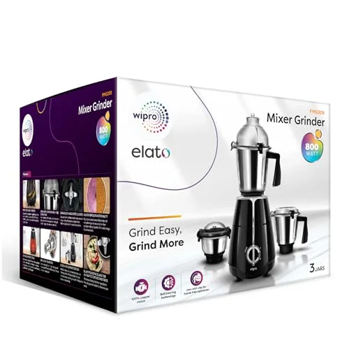 Wipro Elato FMG208 800 Watt Mixer Grinder with 3 Jars,Heavy Duty 100% Copper Ball Bearing Motor with 5 Year Warranty,Superfast Grinding,Clip Lids - Hands Free use, 3 Jars Mixer Grinder 800 Watt,Black - image 3