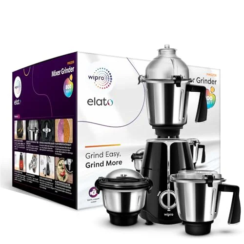 Wipro Elato FMG208 800 Watt Mixer Grinder with 3 Jars,Heavy Duty 100% Copper Ball Bearing Motor with 5 Year Warranty,Superfast Grinding,Clip Lids - Hands Free use, 3 Jars Mixer Grinder 800 Watt,Black - image 4