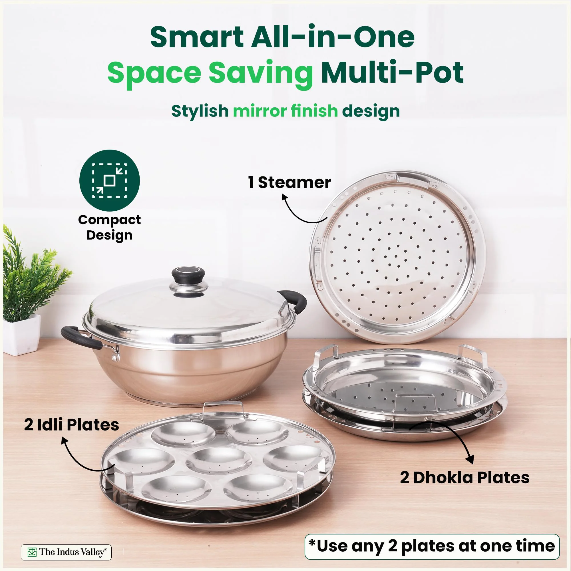 The Indus Valley Stainless Steel Idli Maker/Momo Maker/Multi Kadai/Steamer Set | Large, 5 Plates, 2 Idli | 2 Dhokla | 1 Steamer | 29cm/11.3 inch, 4.2Ltr, 2.5kg | 3-Layer Thick Bottom | Induction friendly - image 3